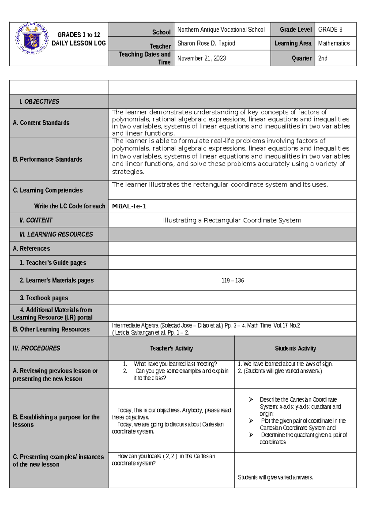 DLL Q2 2023 Grade 8 Mathematics: Cartesian Coordinate System - Studocu