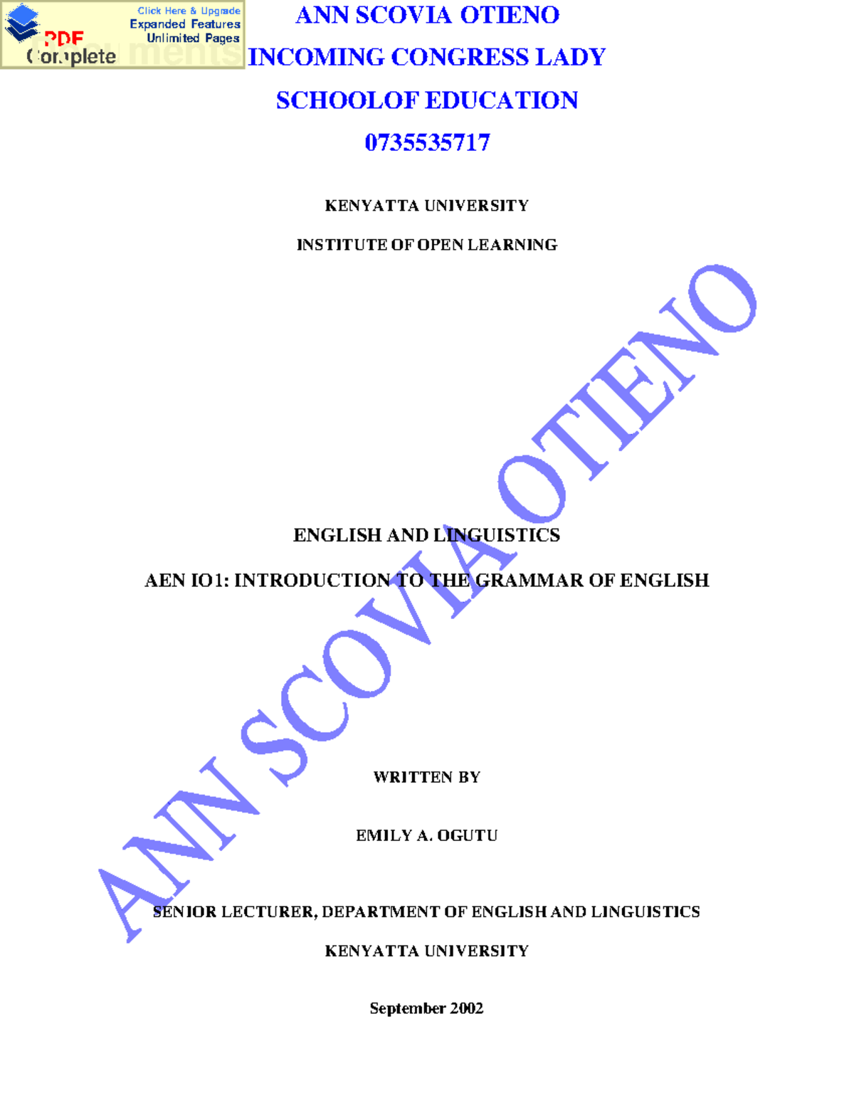 AEN 101: Introduction to the Grammar of English - Lesson Notes - Studocu