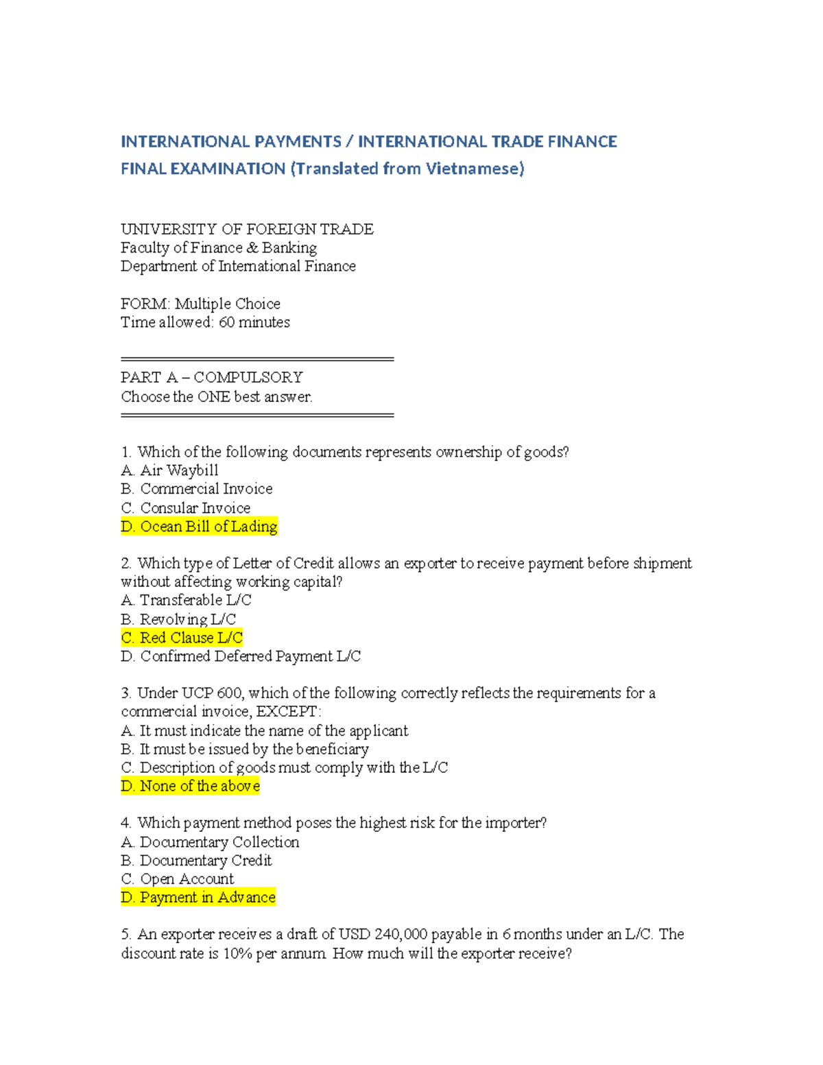 International Payments & Trade Finance Final Exam (INTF 101) - Studocu