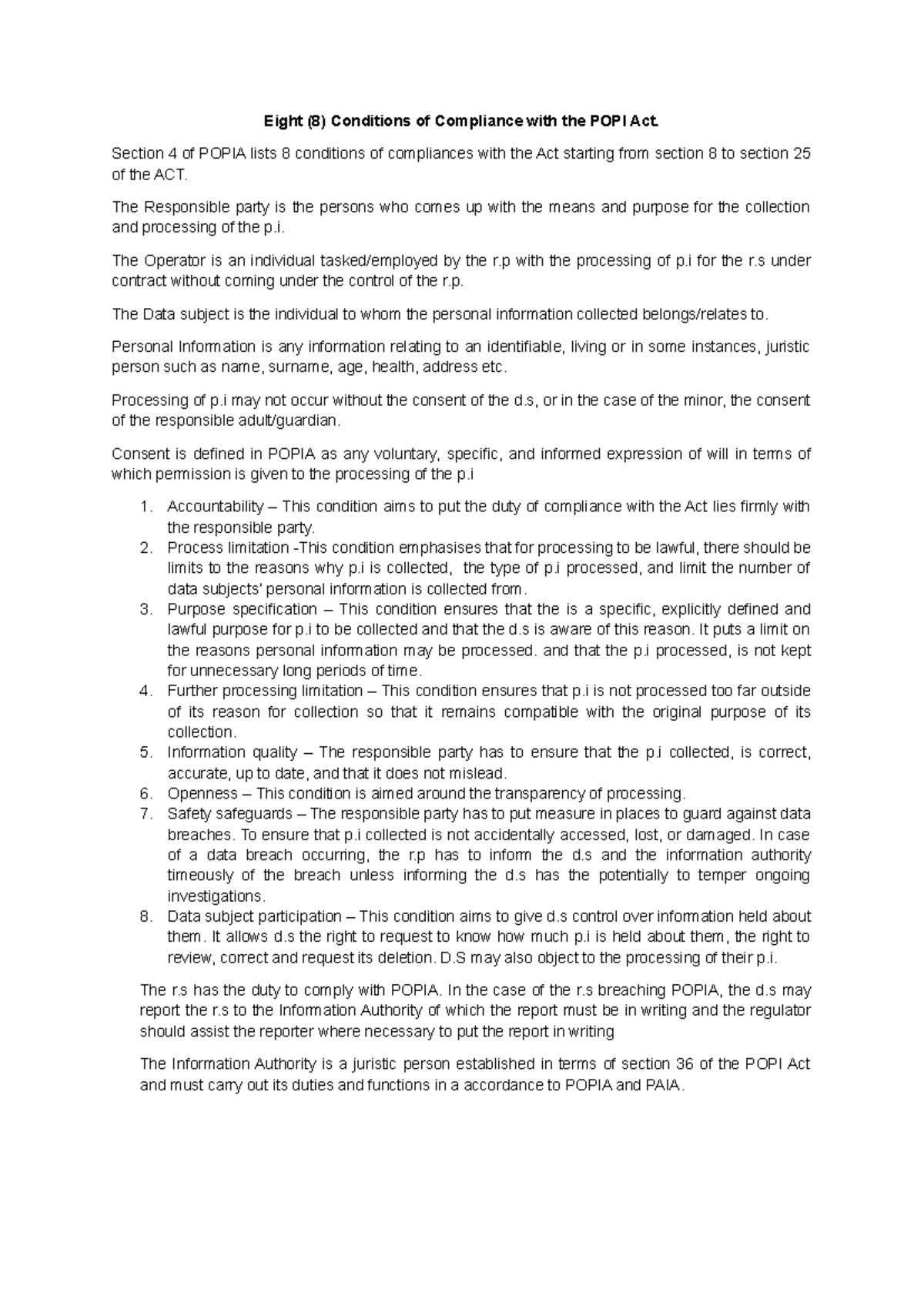 ICT Law Prep - Compliance with POPI Act and ECT Act Duties - Studocu