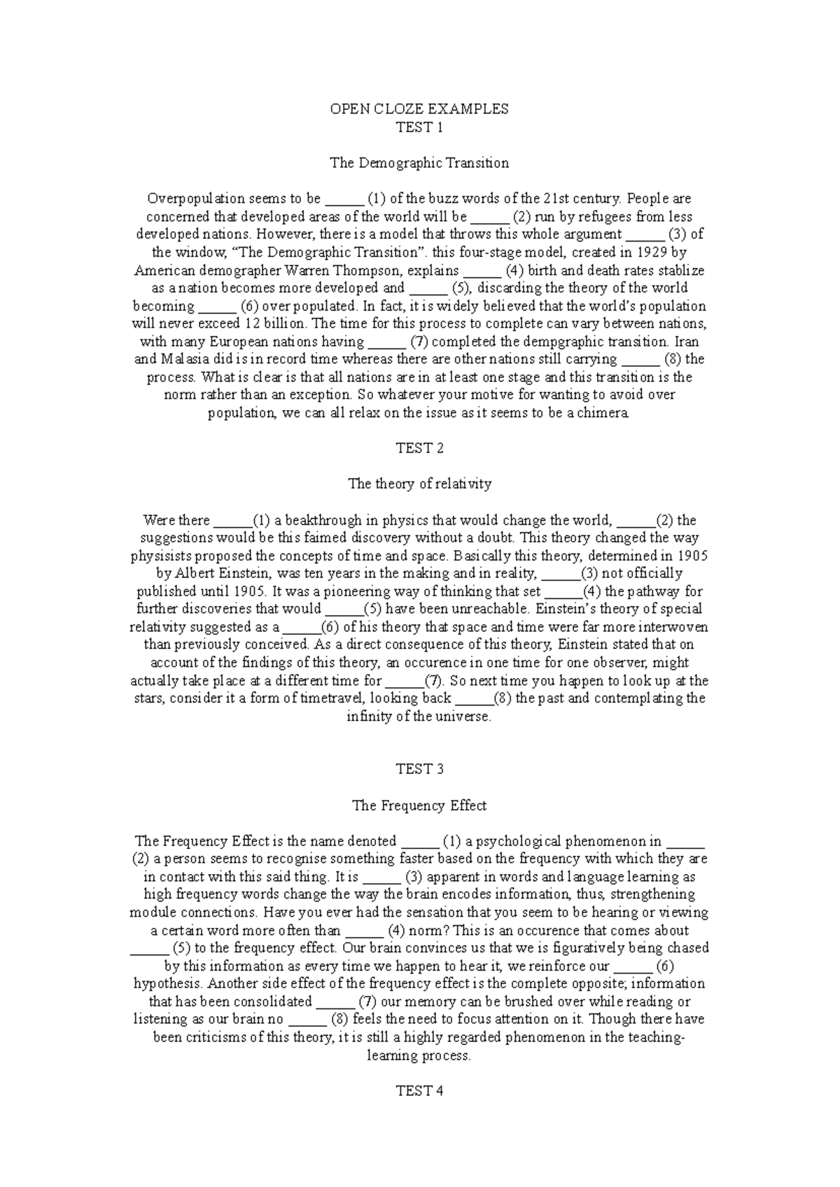 OPEN CLOZE EXAMPLES: Understanding Key Concepts in Demographics and ...