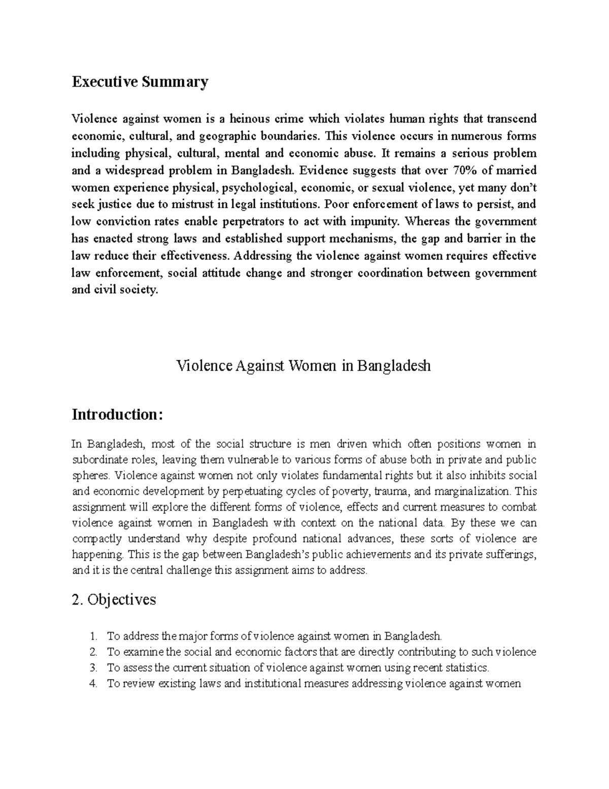 Violence Against Women in Bangladesh: An Executive Summary - Studocu