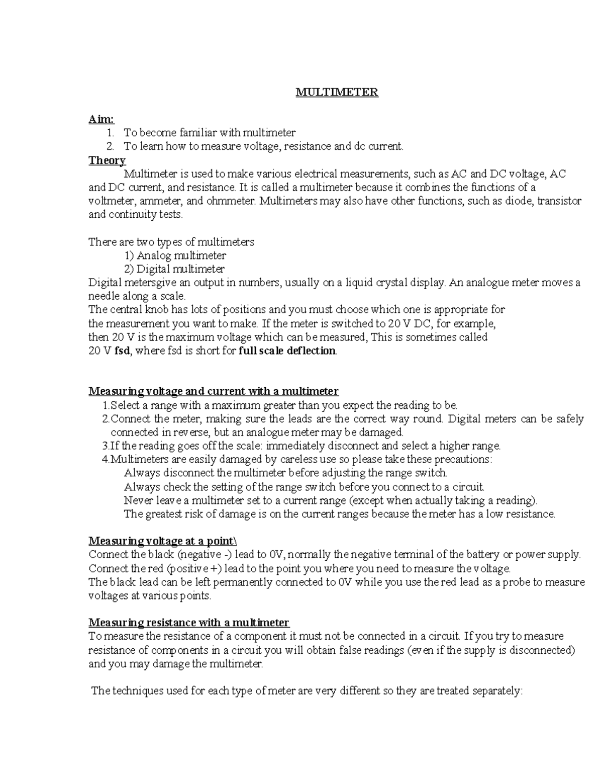 325752375-Multimeter-Exp - MULTIMETER Aim: 1. To become familiar with ...