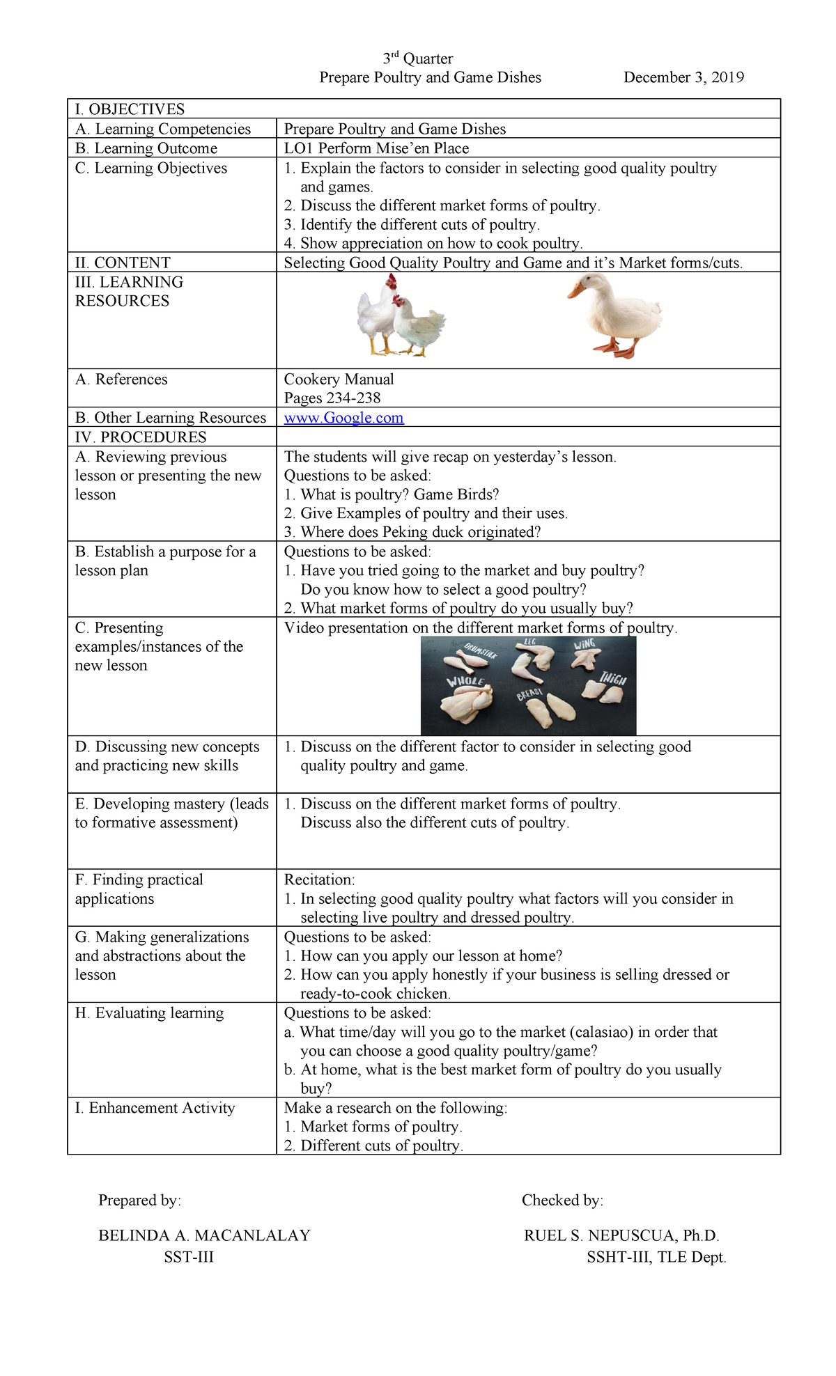DLL - Prepare Poultry & Game Dishes: 3rd Quarter Lesson Plan - Studocu