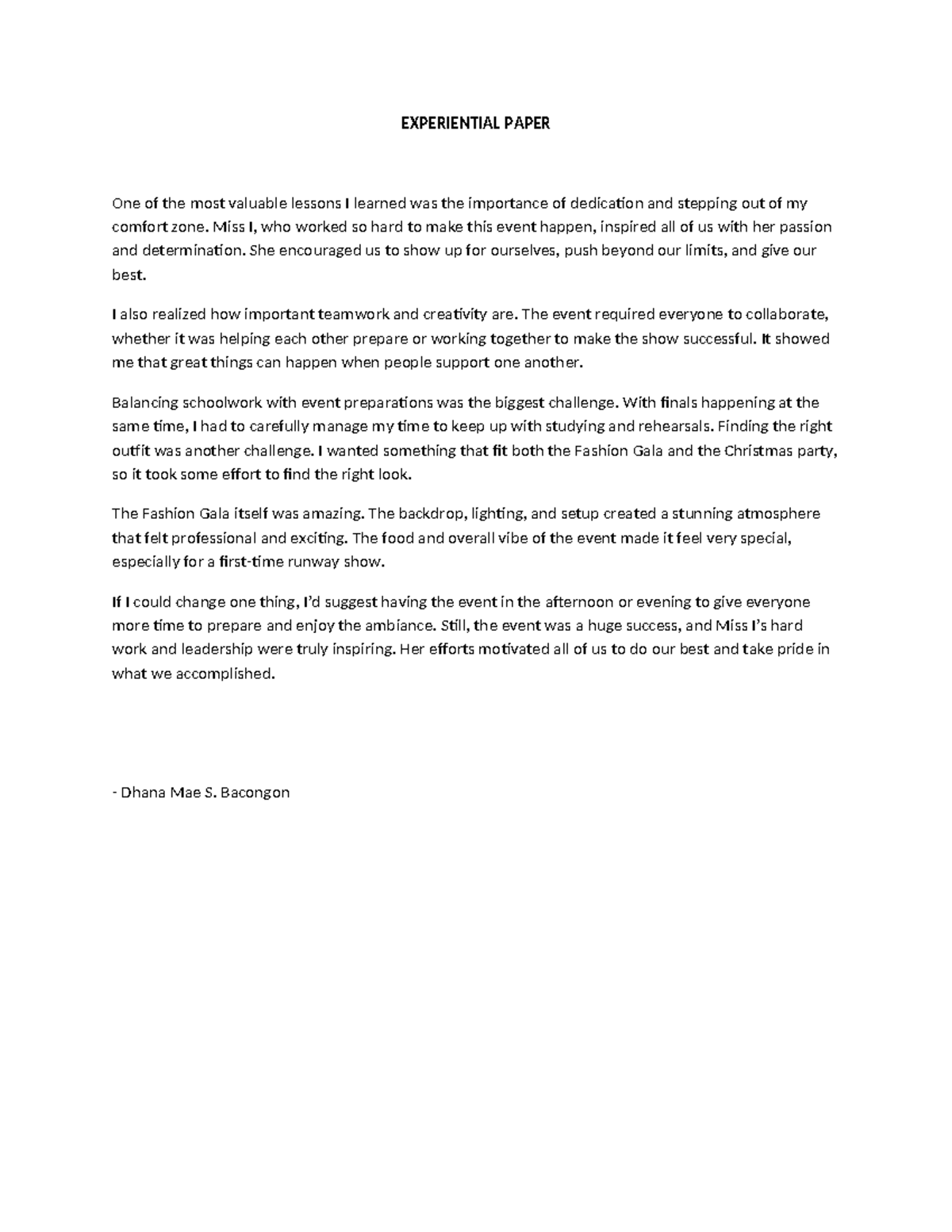 Experiential Paper on Event Preparation and Teamwork - PA-WPS - Studocu