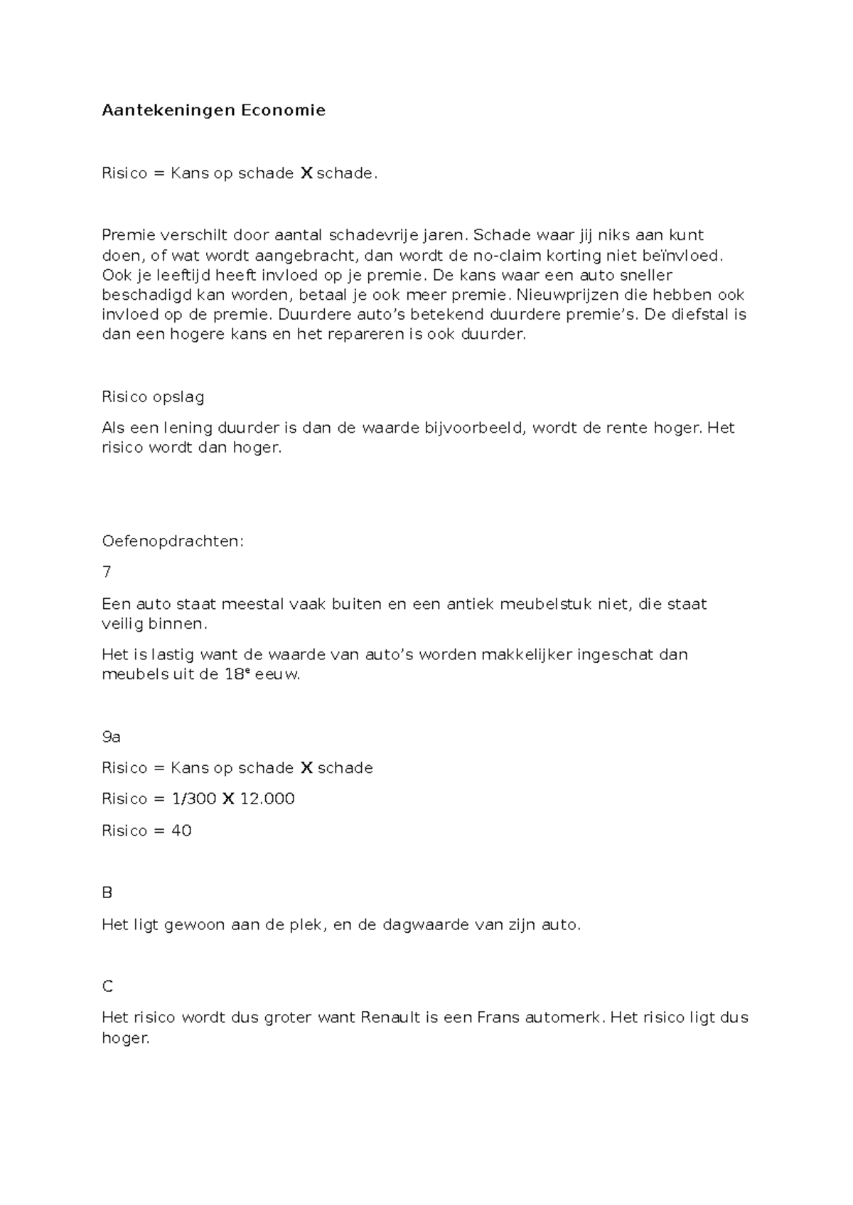 Aantekeningen Economie: Risico en Premie Analyse - Studeersnel