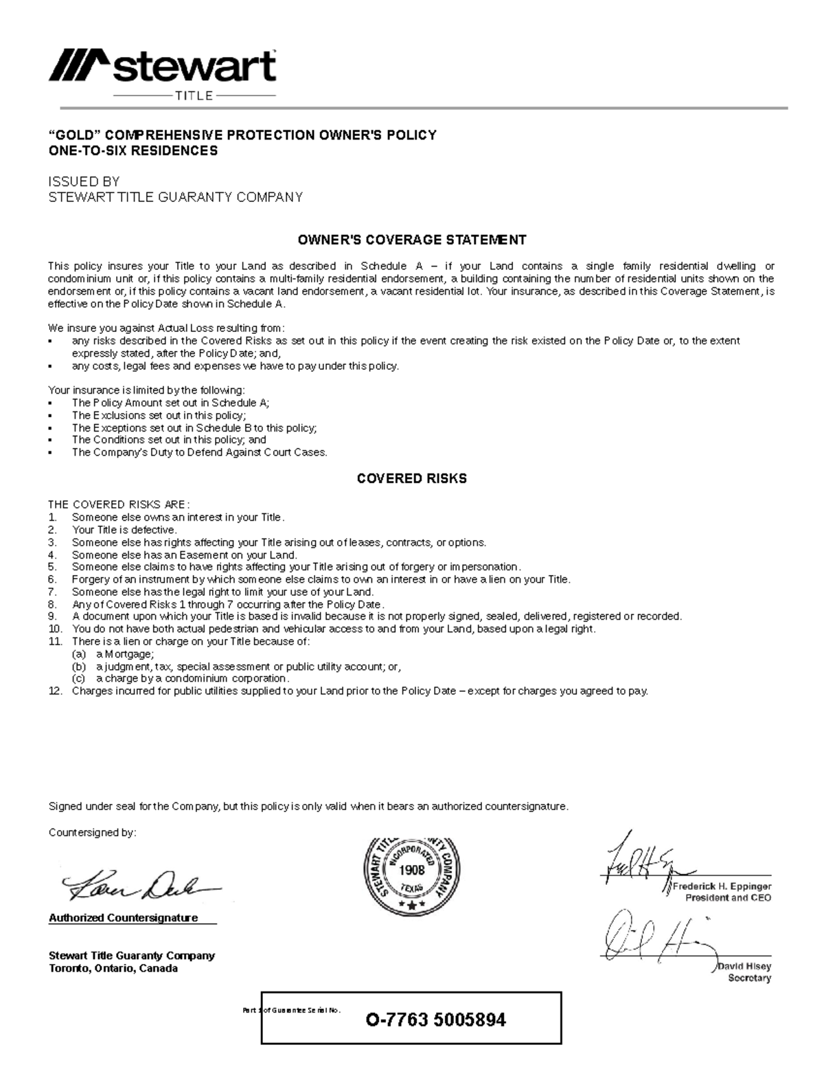 Owner Policy - 14 Bruce Welch Ave - Part 1 of Guarantee Serial No. O ...