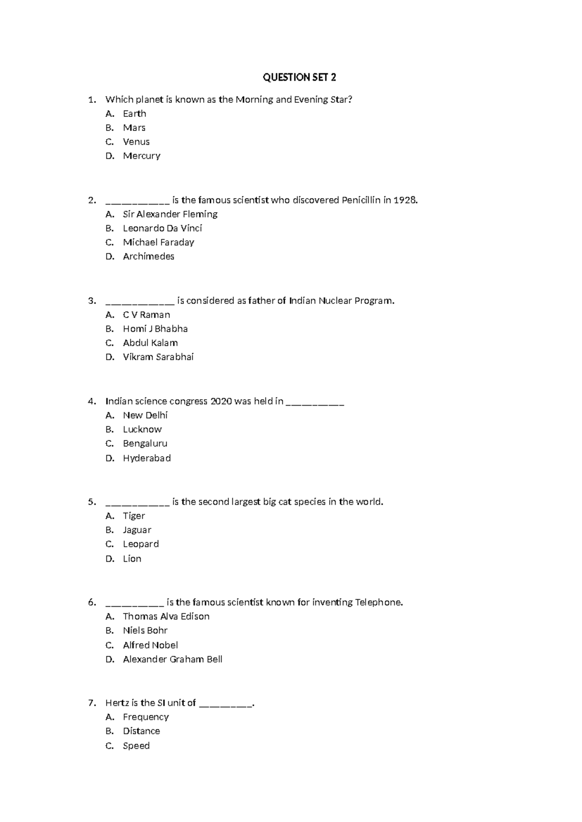 SET 2 Q - Practice Questions and Answers for Science - Studocu