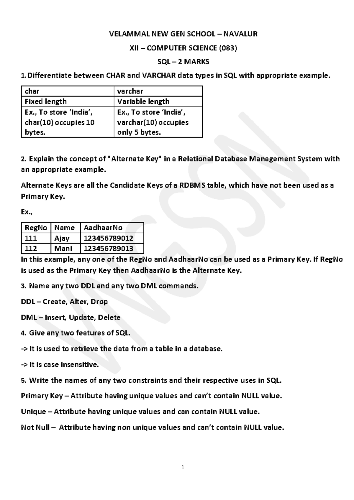 SQL (083) 2 Marks - Key Concepts and Differences in Database Management ...