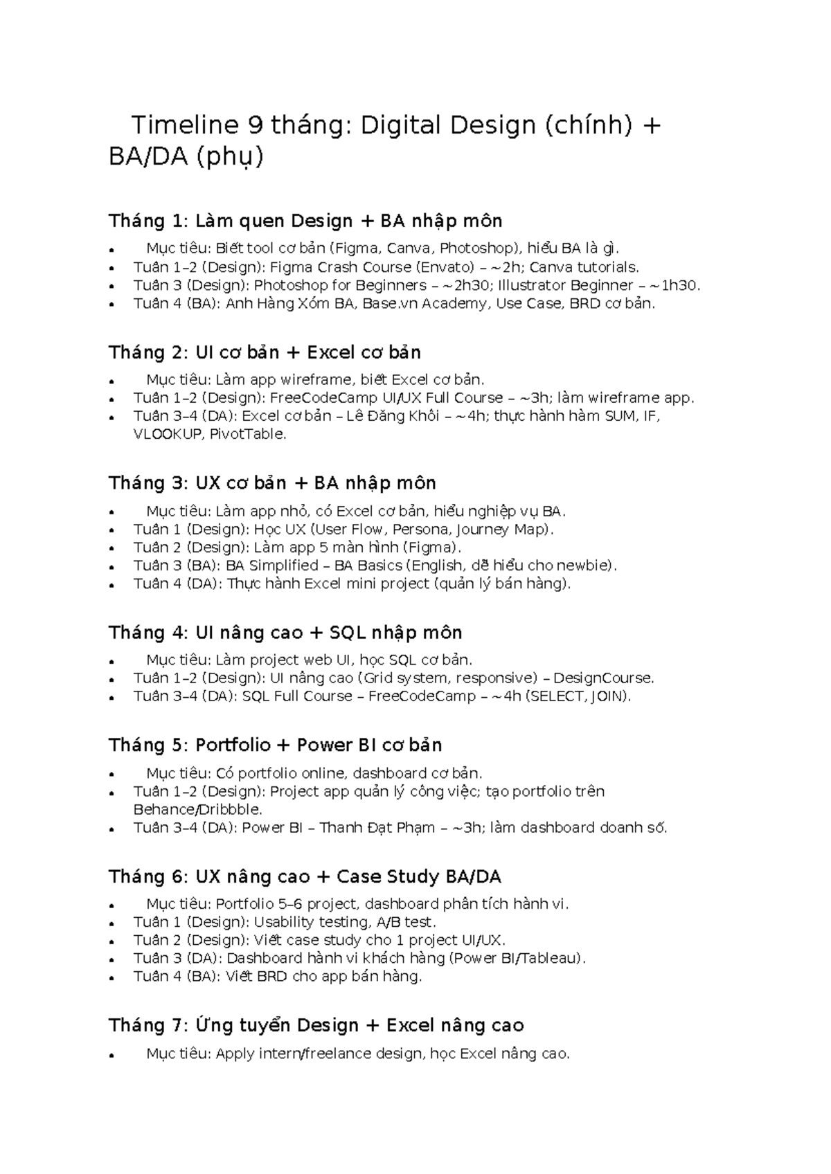 Timeline 9 tháng: Digital Design BA & DA Course Plan - Studocu