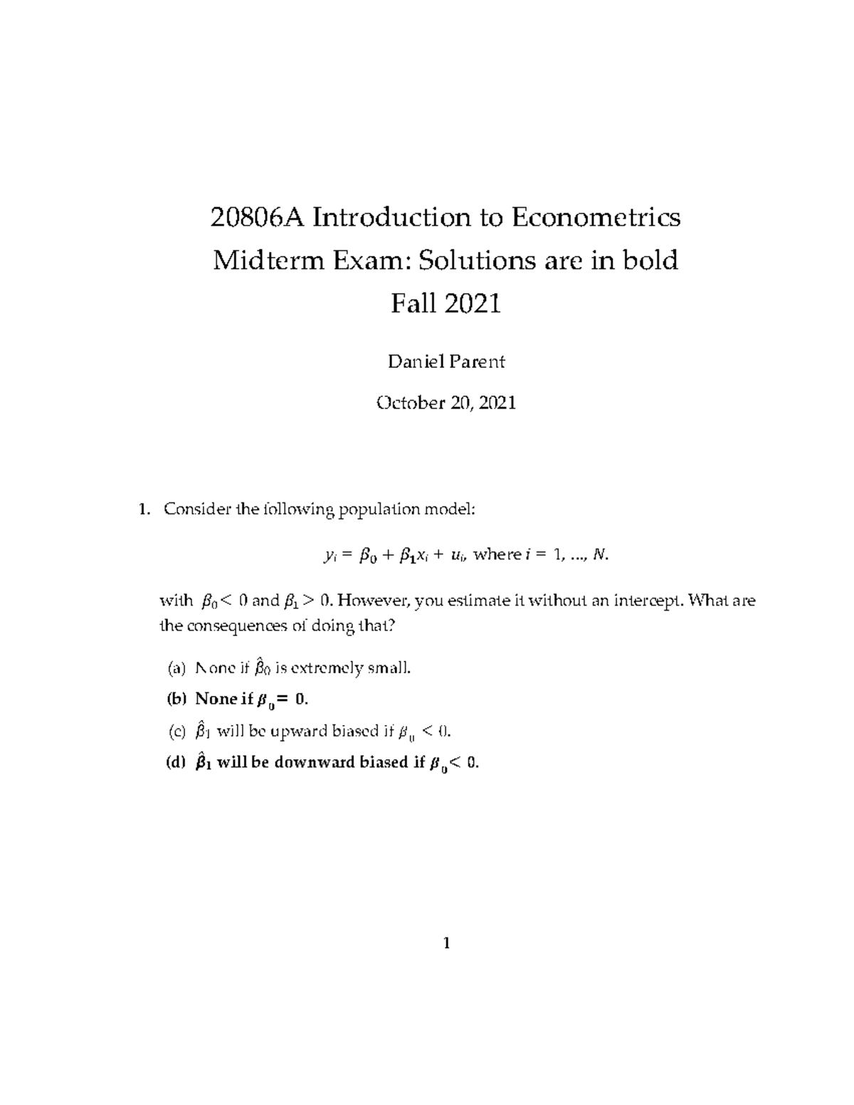 20806A Midterm Exam F2021 Solutions - Econometrics Overview - Studocu