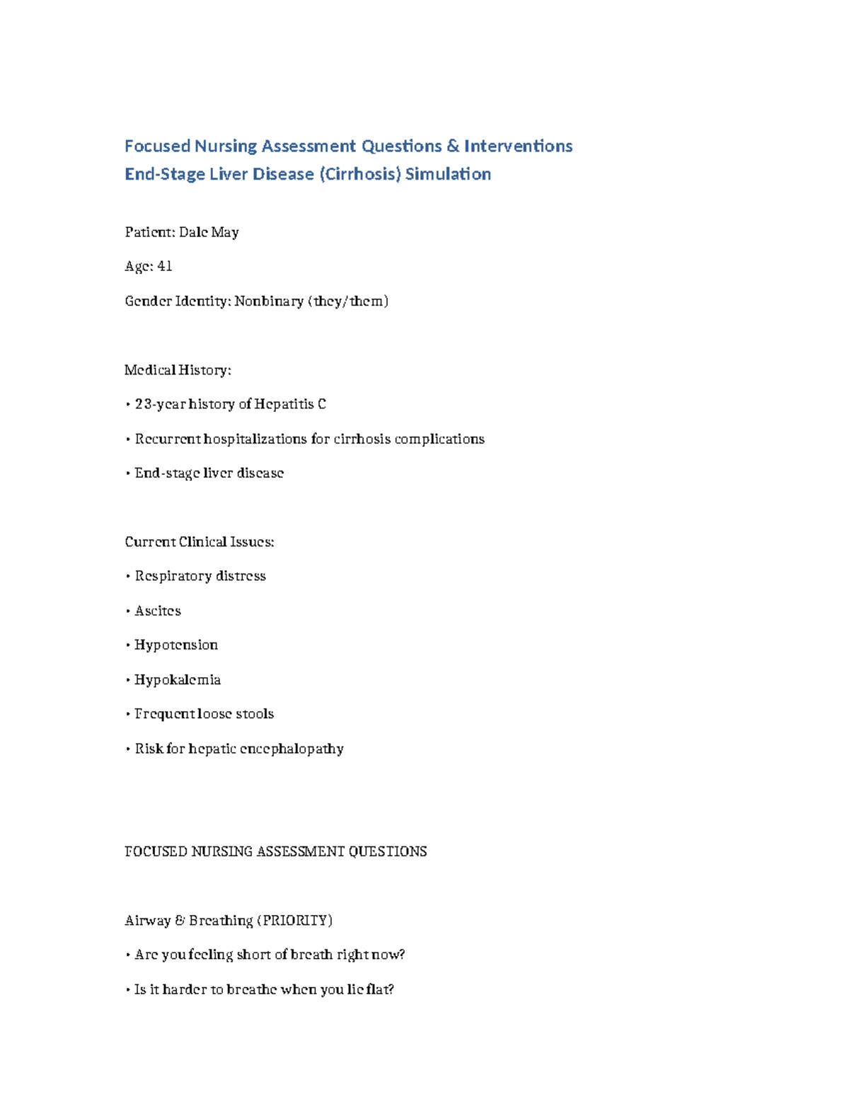 ESLD Cirrhosis Nursing Assessment & Interventions Guide - Studocu