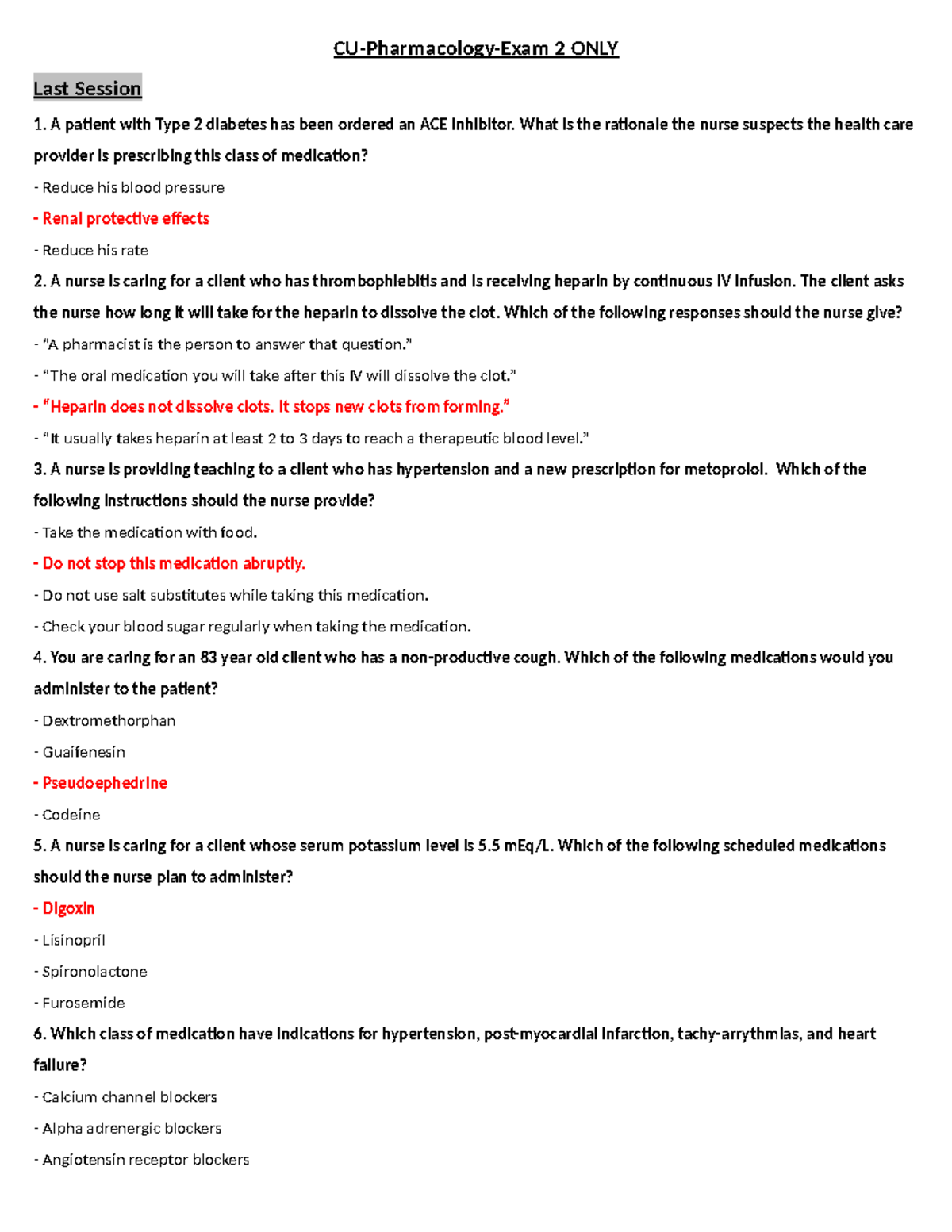 CU-Pharmacology-Exam 2 Review Notes and Practice Questions - Studocu