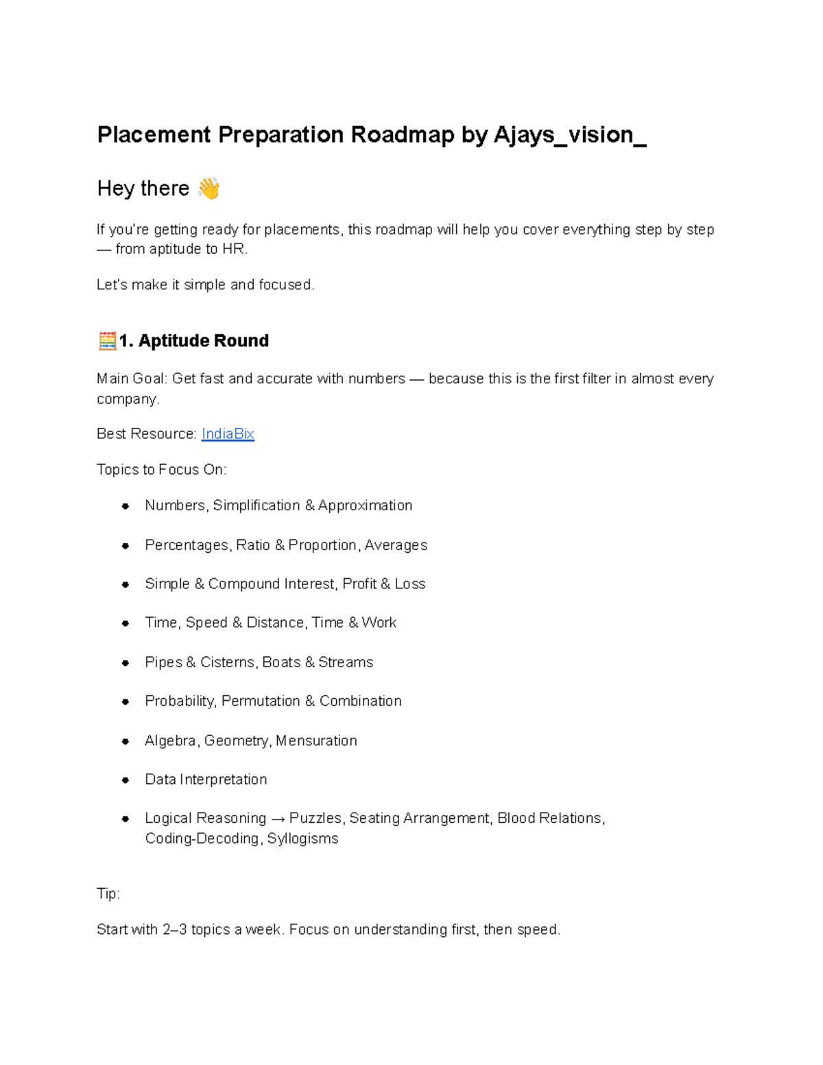 Placement Preparation Roadmap for Placements - Ajays_vision - Studocu