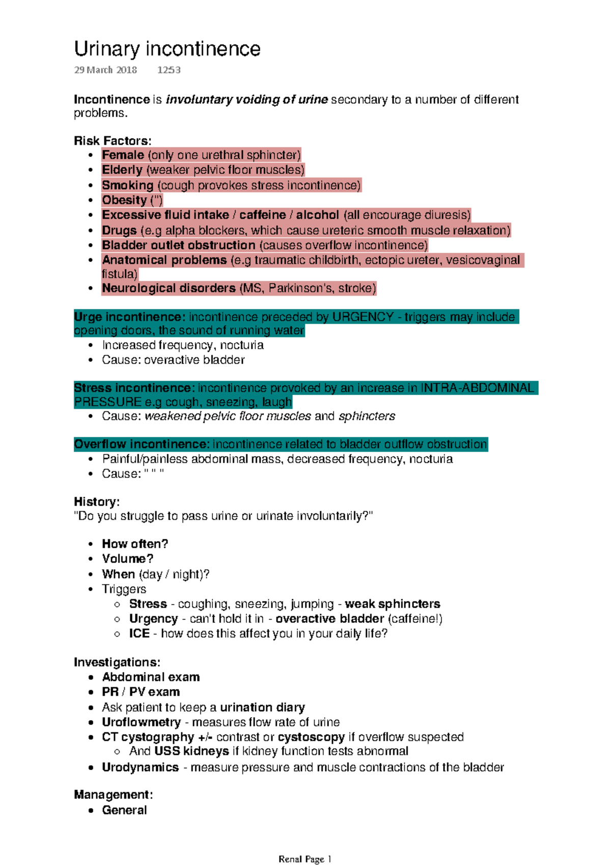 Urinary incontinence - Renal notes - Urinary incontinence 29 March 2018 ...