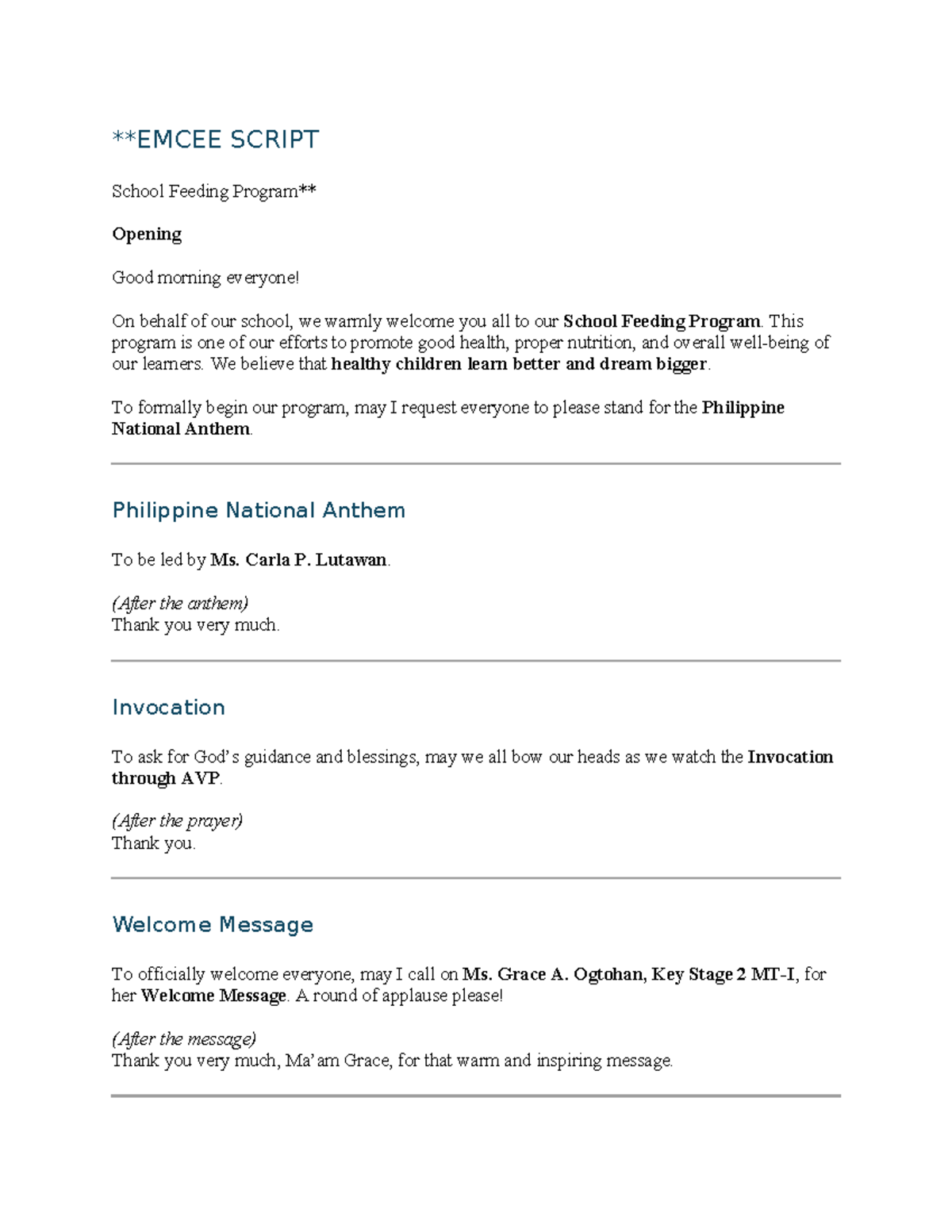 Emcee Script for School Feeding Program Event - Studocu