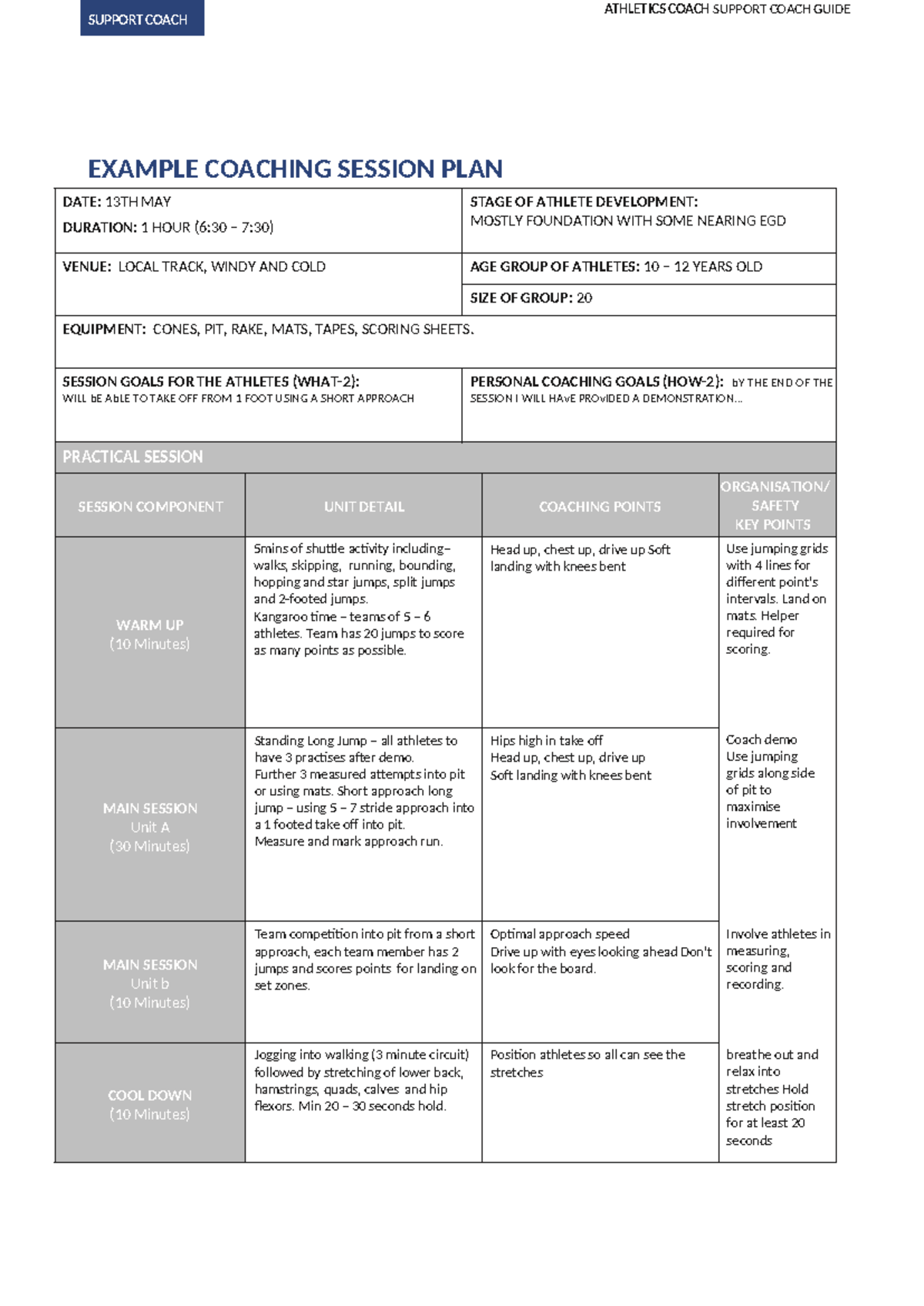 Athletics Coaching Session Plan - Foundation Level (A-101) - Studocu