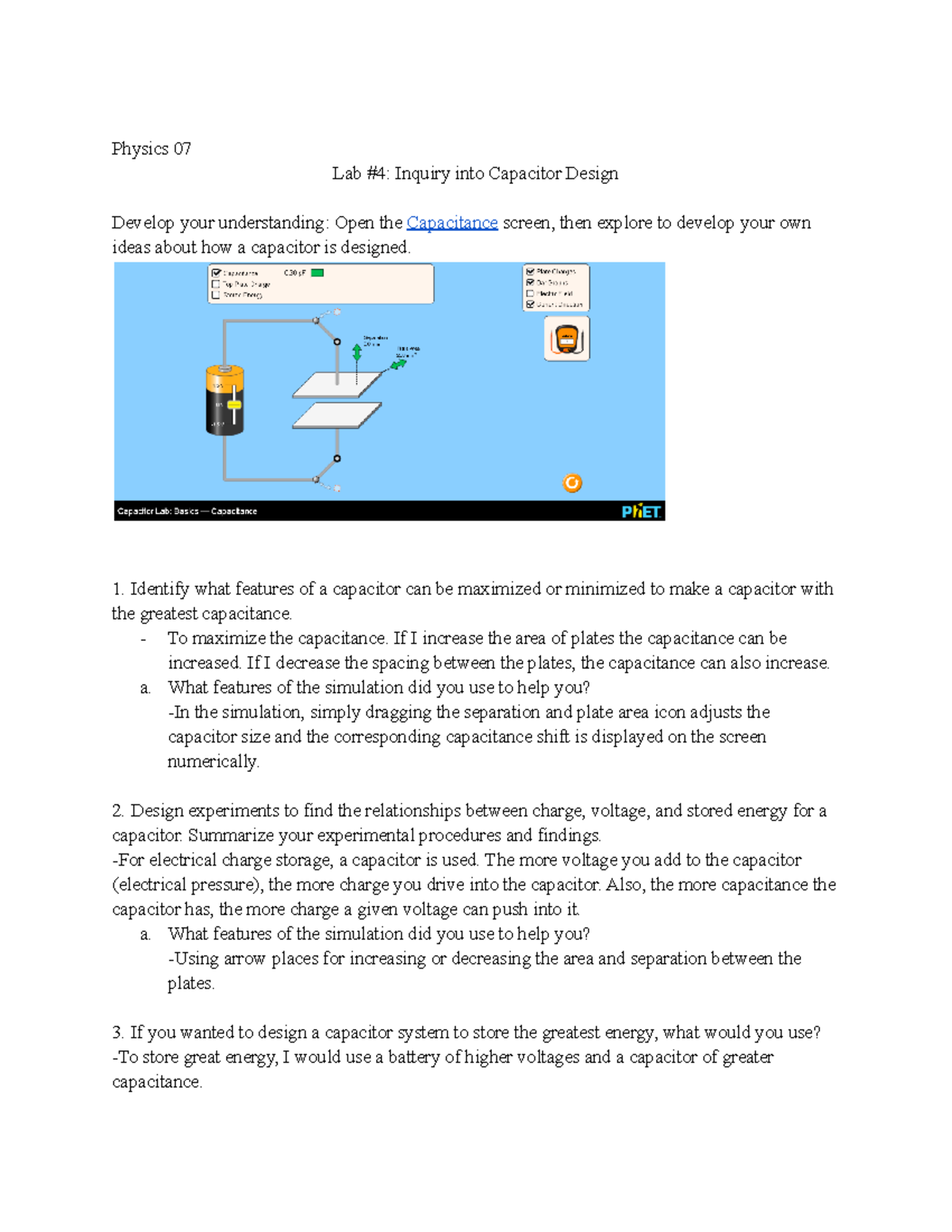 Physics 07 Lab #4: Exploring Capacitor Design & Applications - Studocu