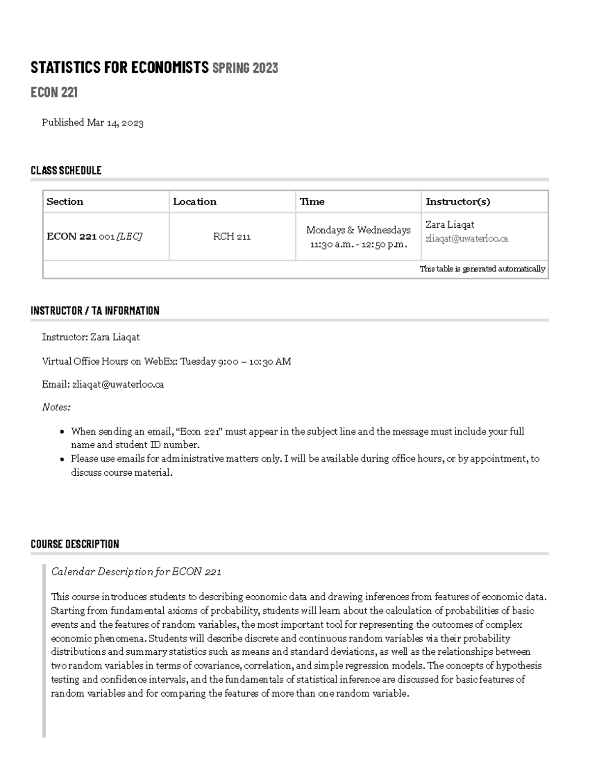 Econ 221: Statistics for Economists Course Outline - Spring 2023 - Studocu