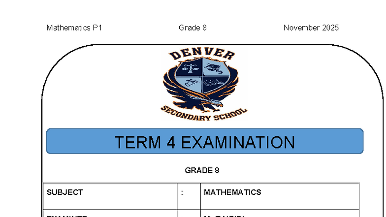 Mathematics P1 Grade 8 November 2025 Term 4 Exam Paper - Studocu