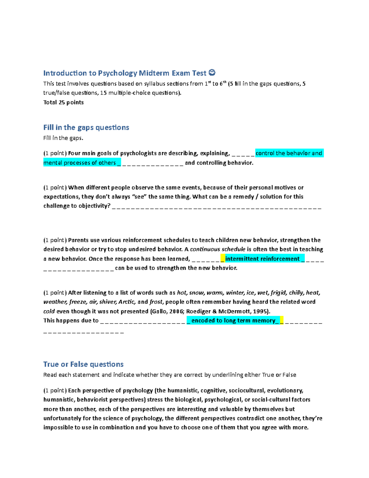 Introduction to Psych 101 Midterm Exam Questions and Answers - Studocu