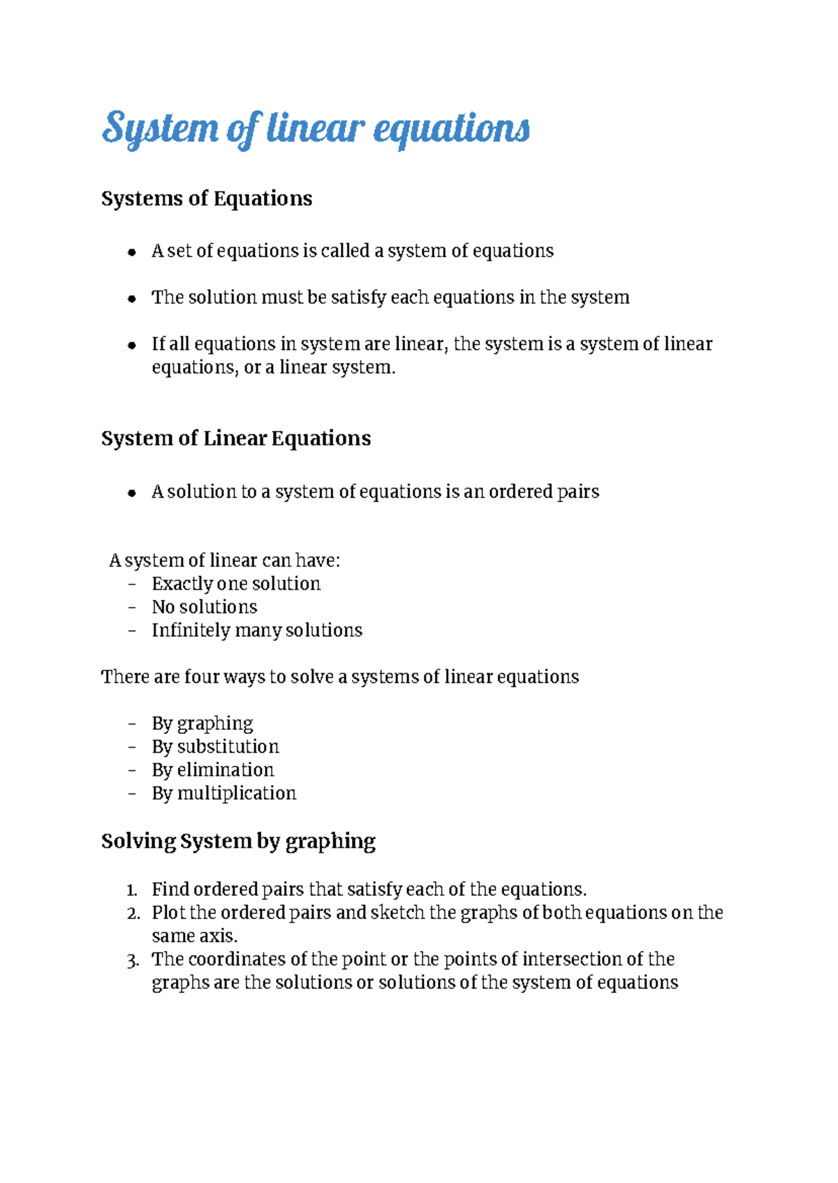System of Linear Equations: Understanding Solutions and Methods - Studocu