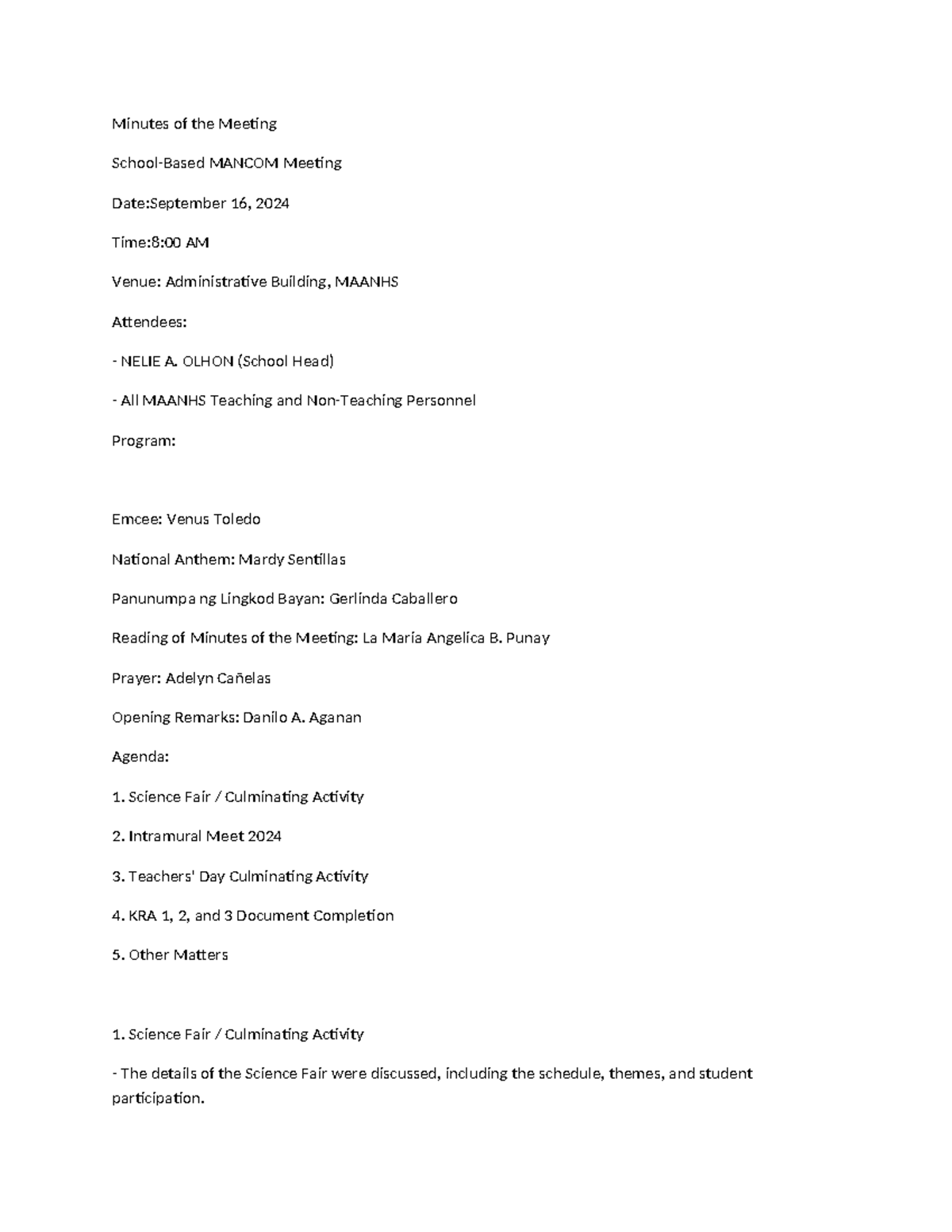 2nd MANCOM Meeting Minutes - MAANHS, Sept 16, 2024 - Studocu