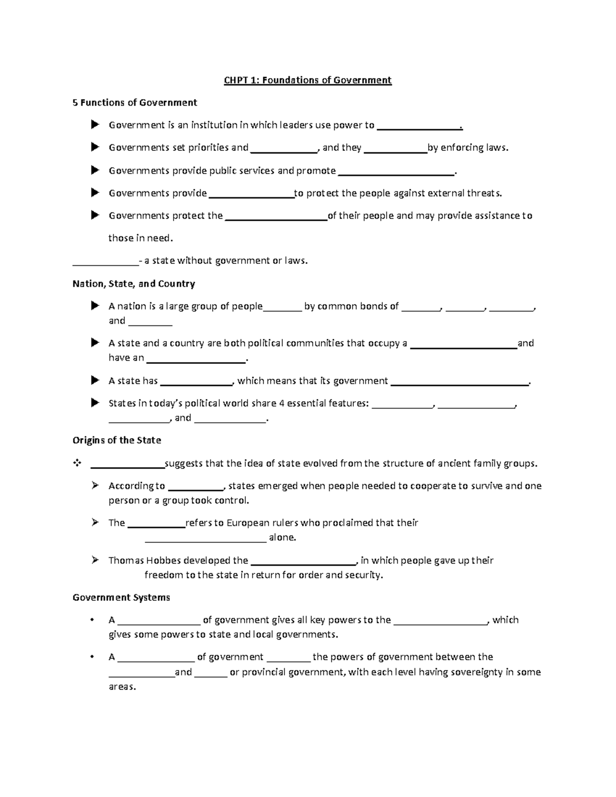 CHPT 1: Foundations of Government - Guided Notes for Intro to Govt ...