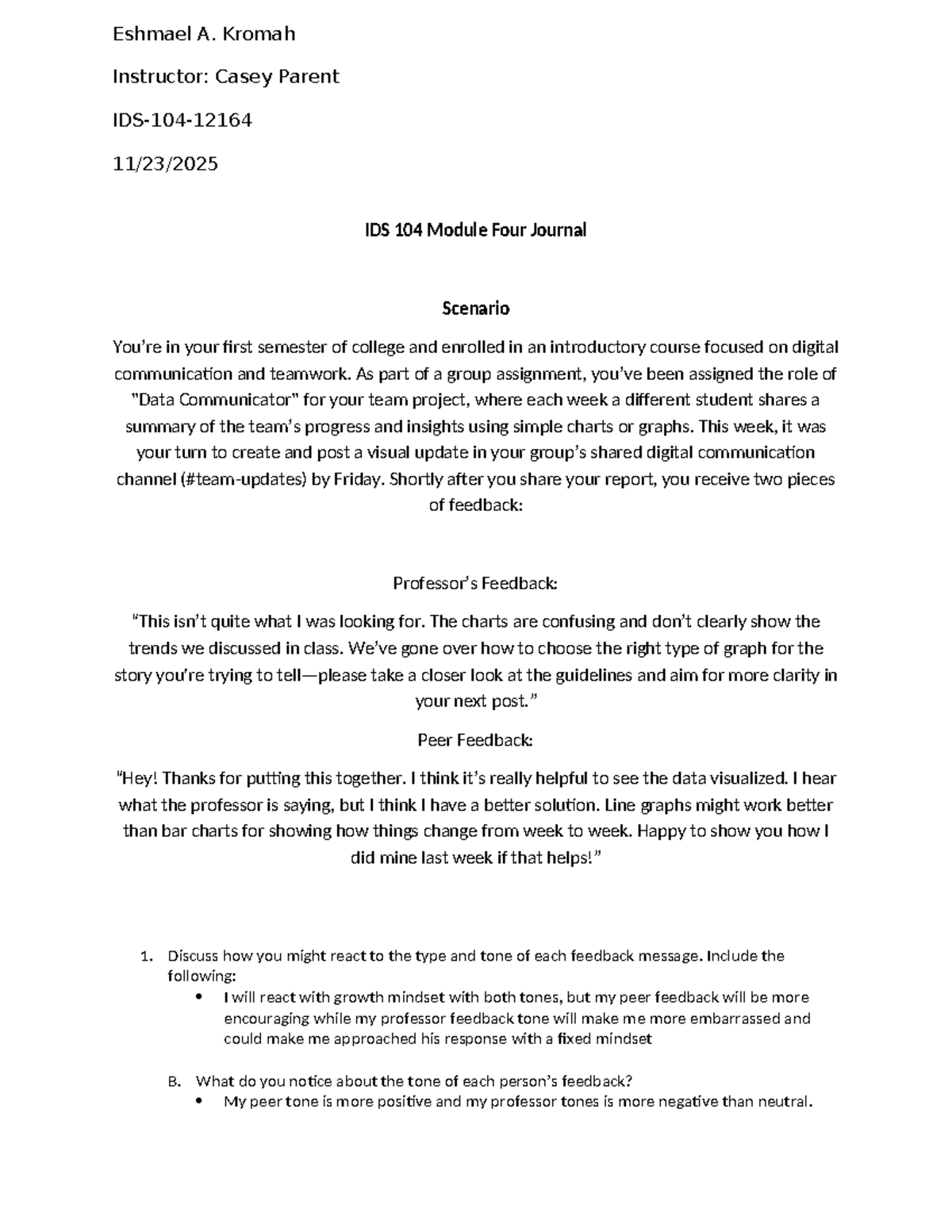 IDS 104 Module 4 Journal: Navigating Feedback in Team Projects - Studocu