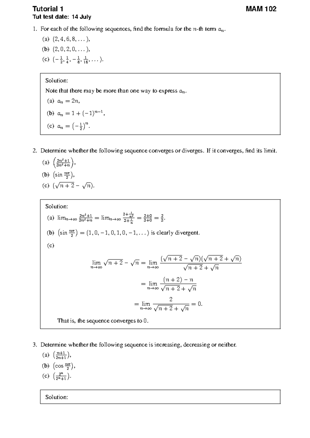 Tutorial 1 MAM 102 Solutions for Test Date: 14 July 2025 - Studocu