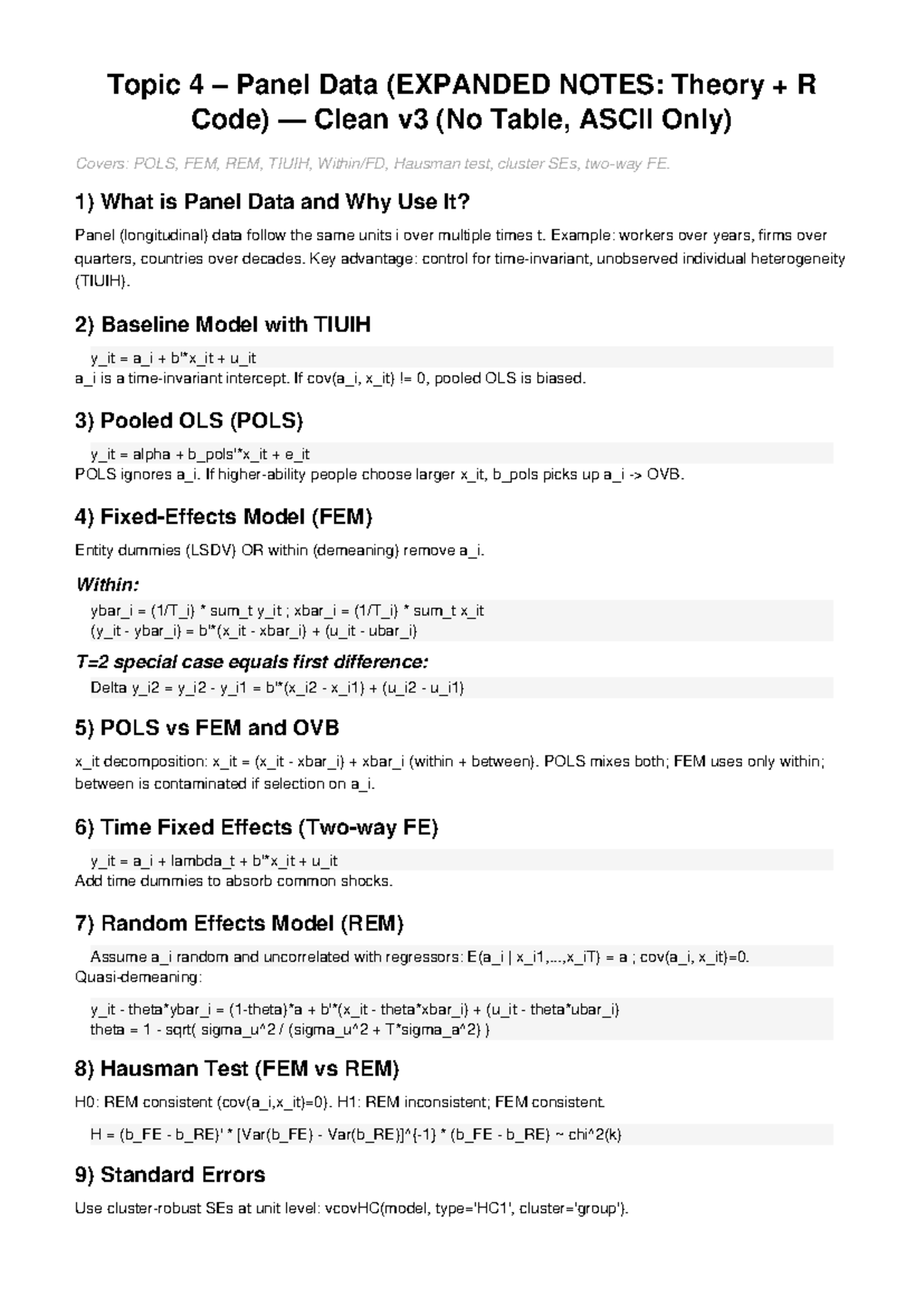 Topic 4: Expanded Lecture Notes on Panel Data (Theory & R Code) - Studocu