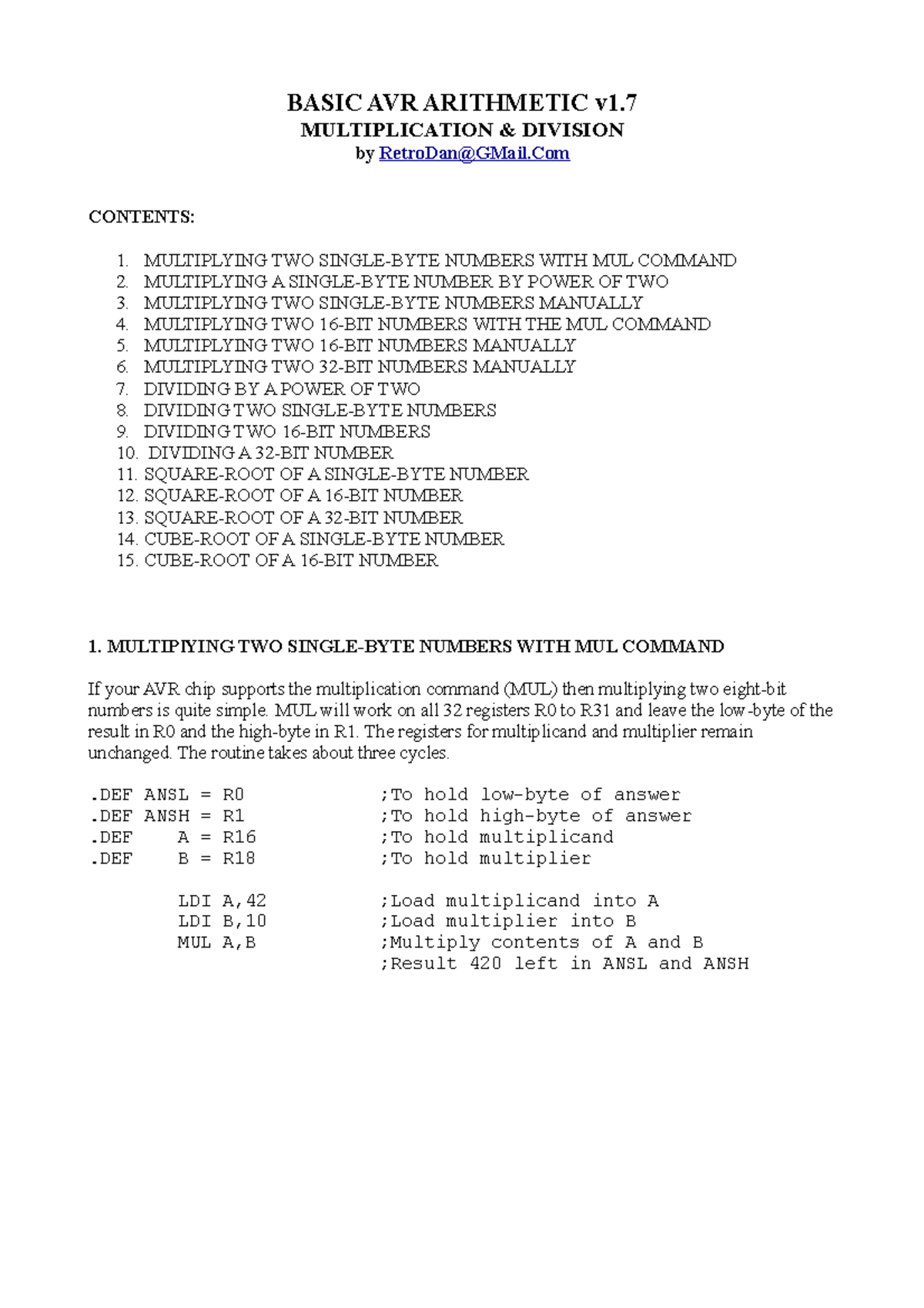 Basic AVR Arithmetic v1.7: Multiplication & Division Techniques - Studocu