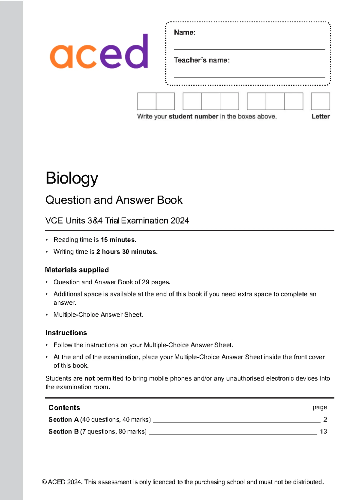 VCE CHEMISTRY Unit 3 4 Trial Exam 2024 - Practice Paper - Studocu