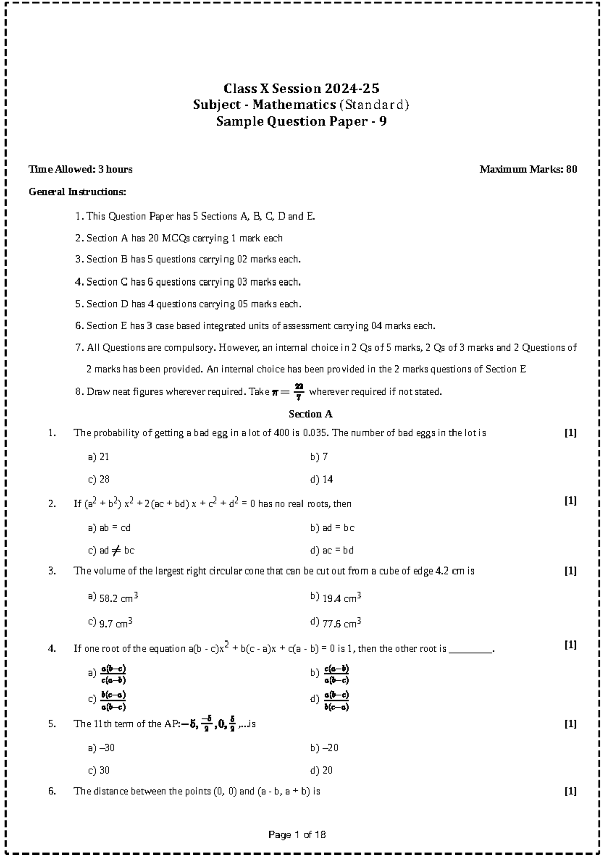 Math test paper class 10 standard with solution - Time Allowed: 3 hours ...