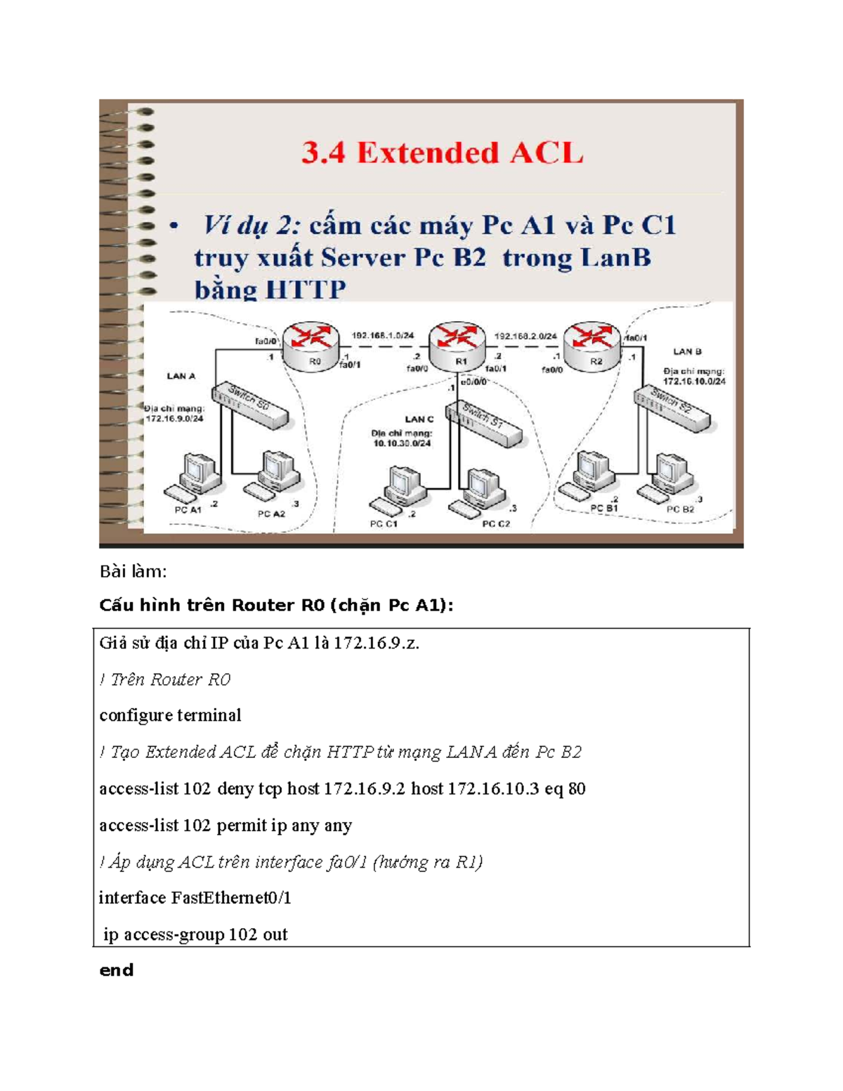 Cấu hình ACL trên Router R0 và R1: Chặn HTTP từ LAN A và C - Studocu