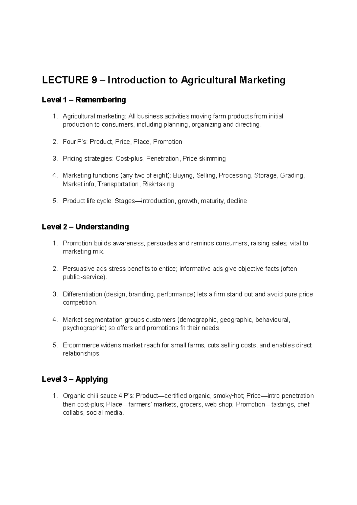 LECTURE 9 Agricultural Marketing Overview and Key Concepts - Studocu