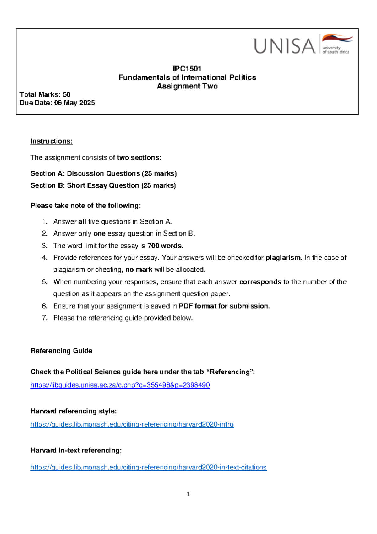 IPC1501 International Politics Assignment Two: Discussion & Essay Qs ...