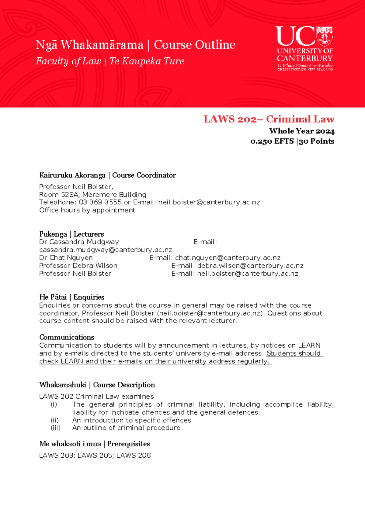 LAWS 202 2024 Course Outline - LAWS 202– Criminal Law Whole Year 2024 0 ...