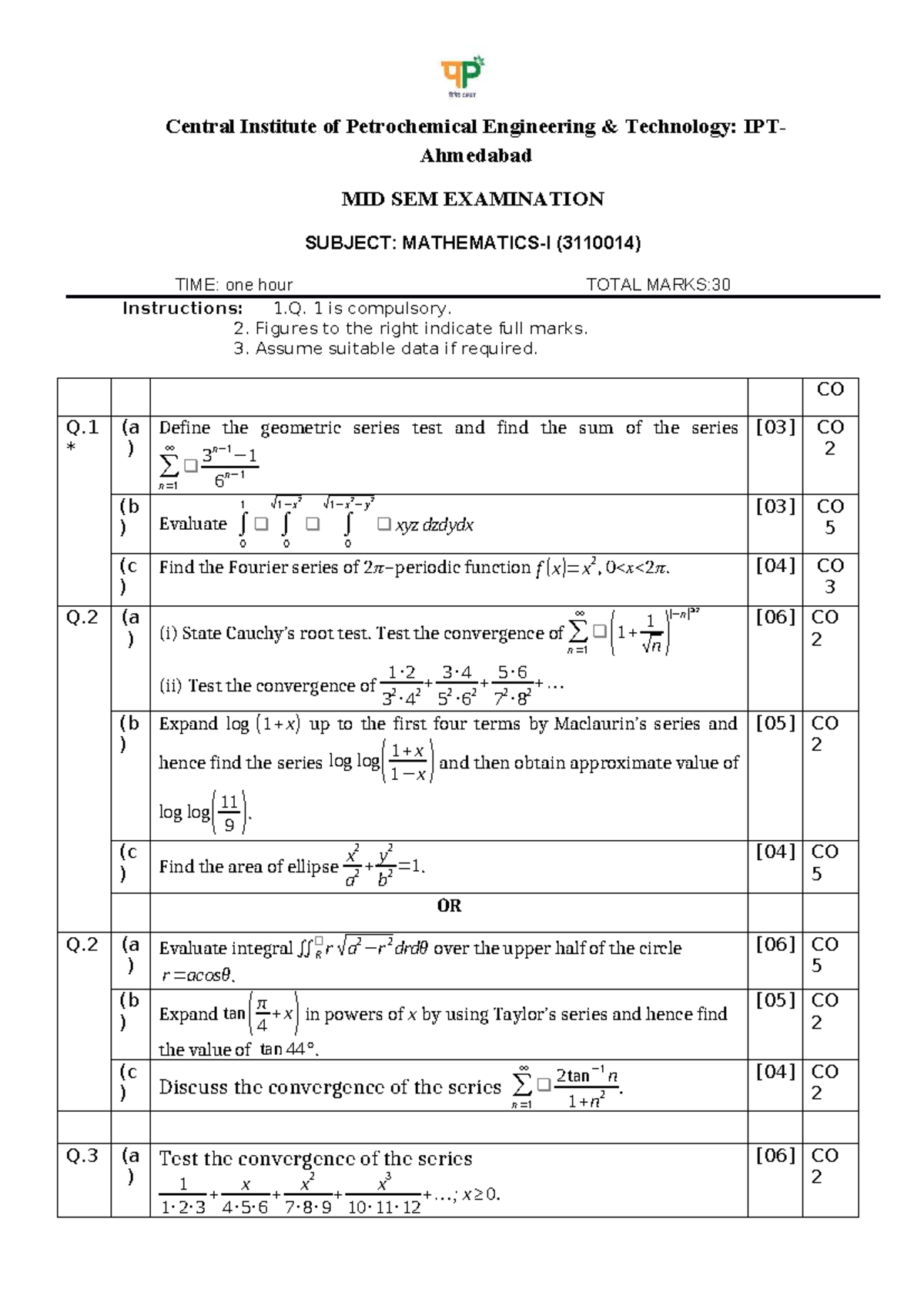 Maths 1 3110014 MID SEM EXAMINATION Winter 2020 - Studocu