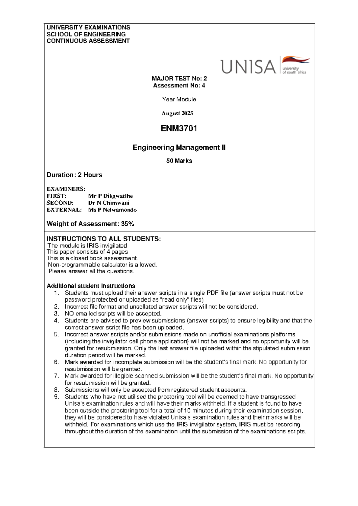 2025 August - ENM3701 - Engineering Management II Major Test 2 - Studocu