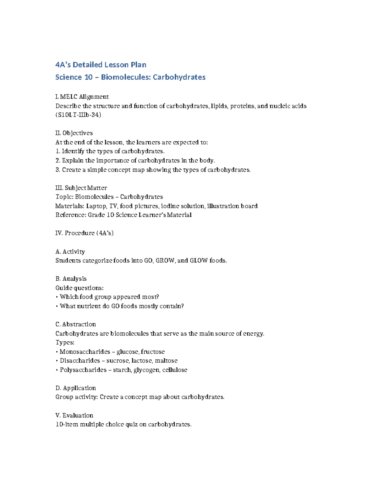 Science 10 Detailed Lesson Plan: Carbohydrates & Biomolecules - Studocu