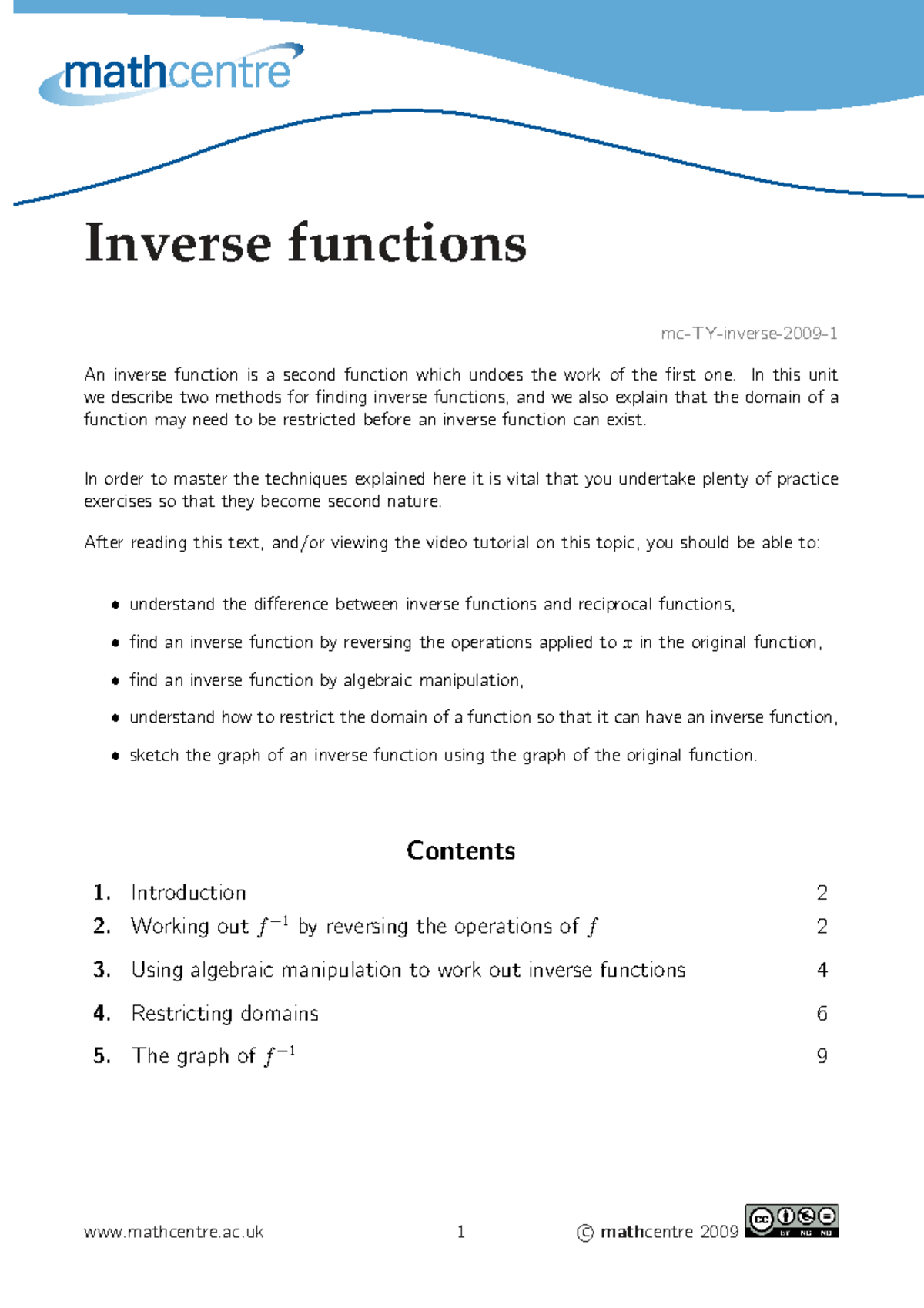 Math 2009: Inverse Functions - Understanding and Techniques - Studocu