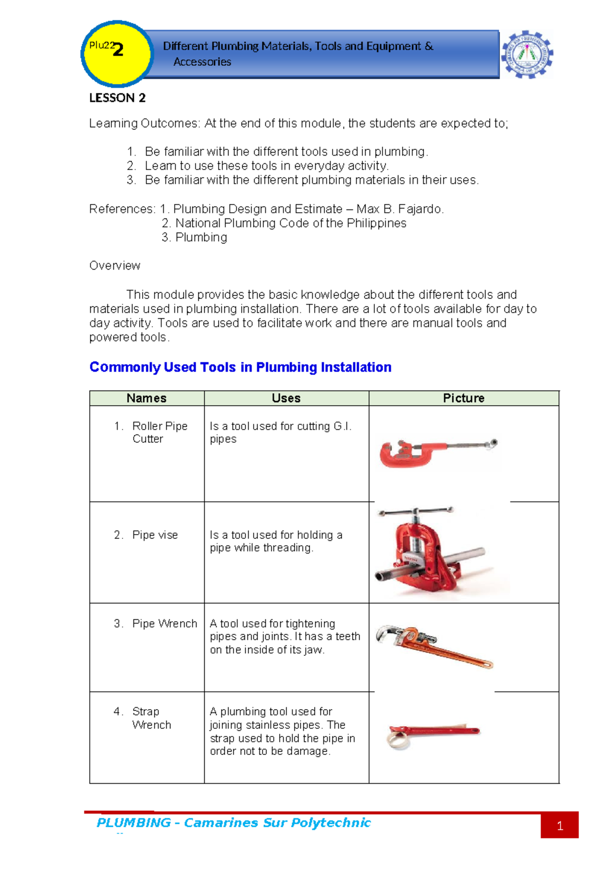 PLUMBING 101: Essential Tools & Materials for Installation - Studocu