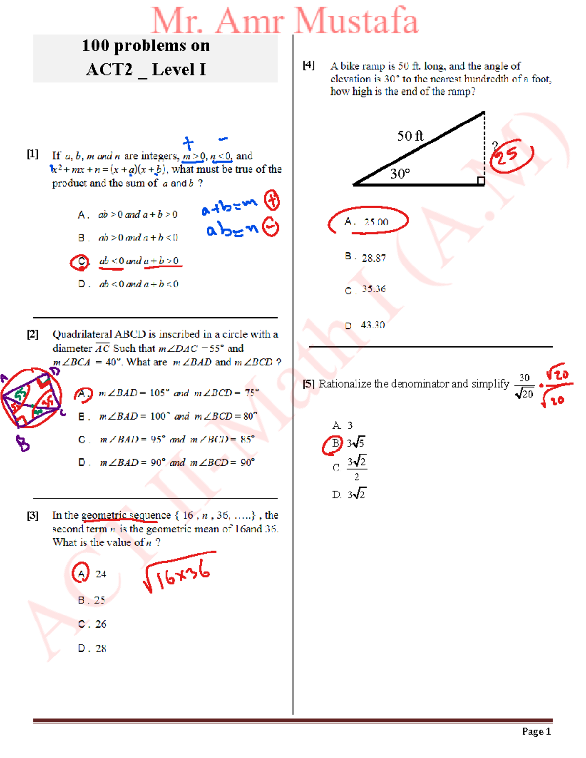 ACT2 Test 1 Answers: 100 Problems with Solutions and Explanations - Studocu
