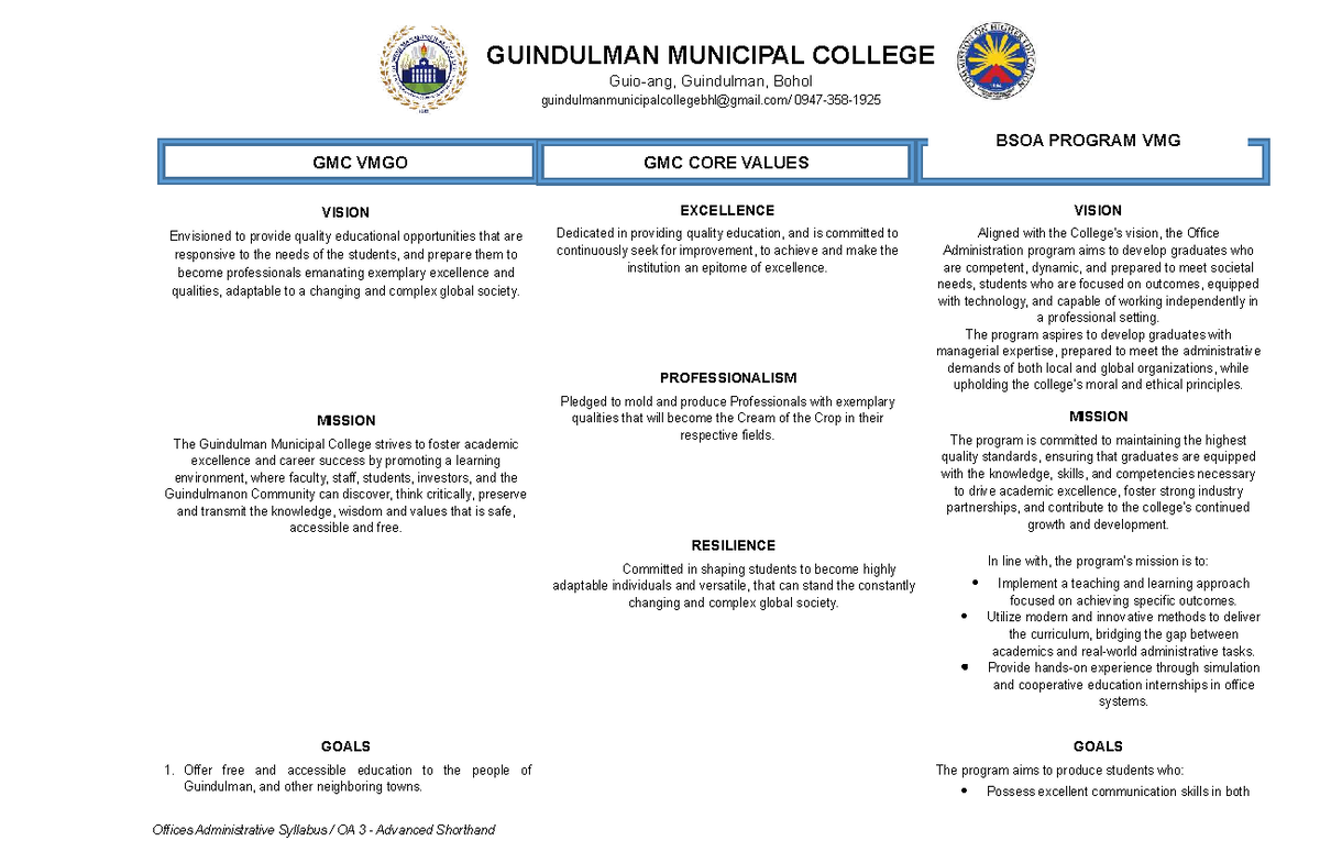 OA 3 - Advanced Shorthand Course Syllabus and Program Overview - Studocu