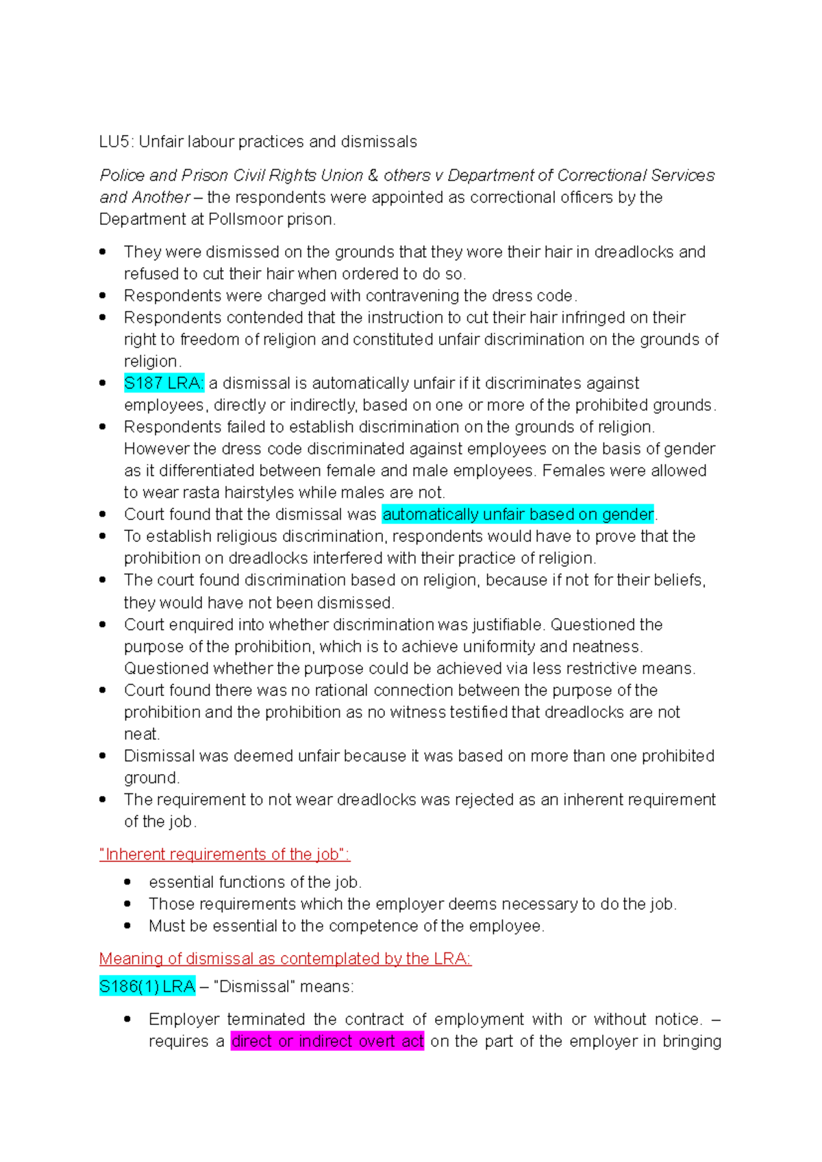 LU5 Labour Law Notes: Unfair Dismissals & Discrimination Overview - Studocu
