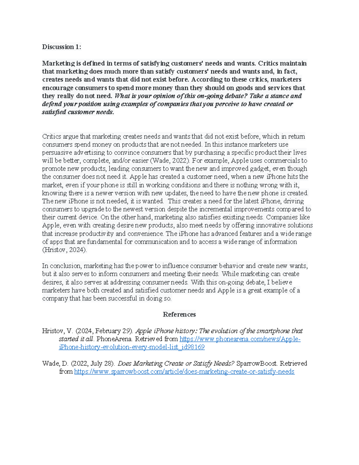 MKT 101 - Week 1 Discussion: The Role of Marketing in Needs Creation ...