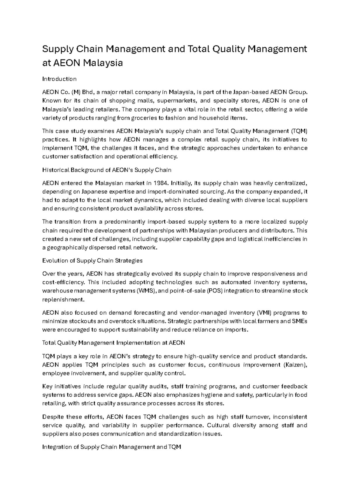 Case Study: Supply Chain & TQM at AEON Malaysia (SCM 101) - Studocu