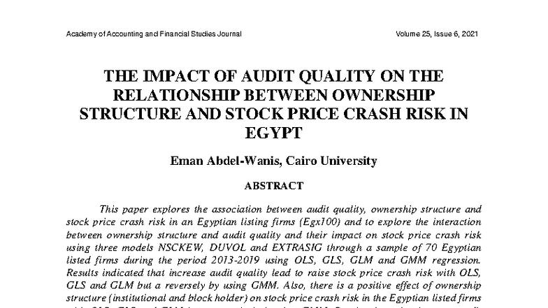 The Impact of Audit Quality on Ownership Structure & Stock Price Crash ...