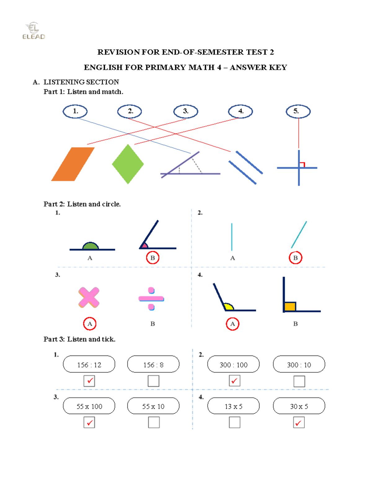 TAT4 ÔN TẬP HKII - English for Primary Math 4 Answer Key - Studocu